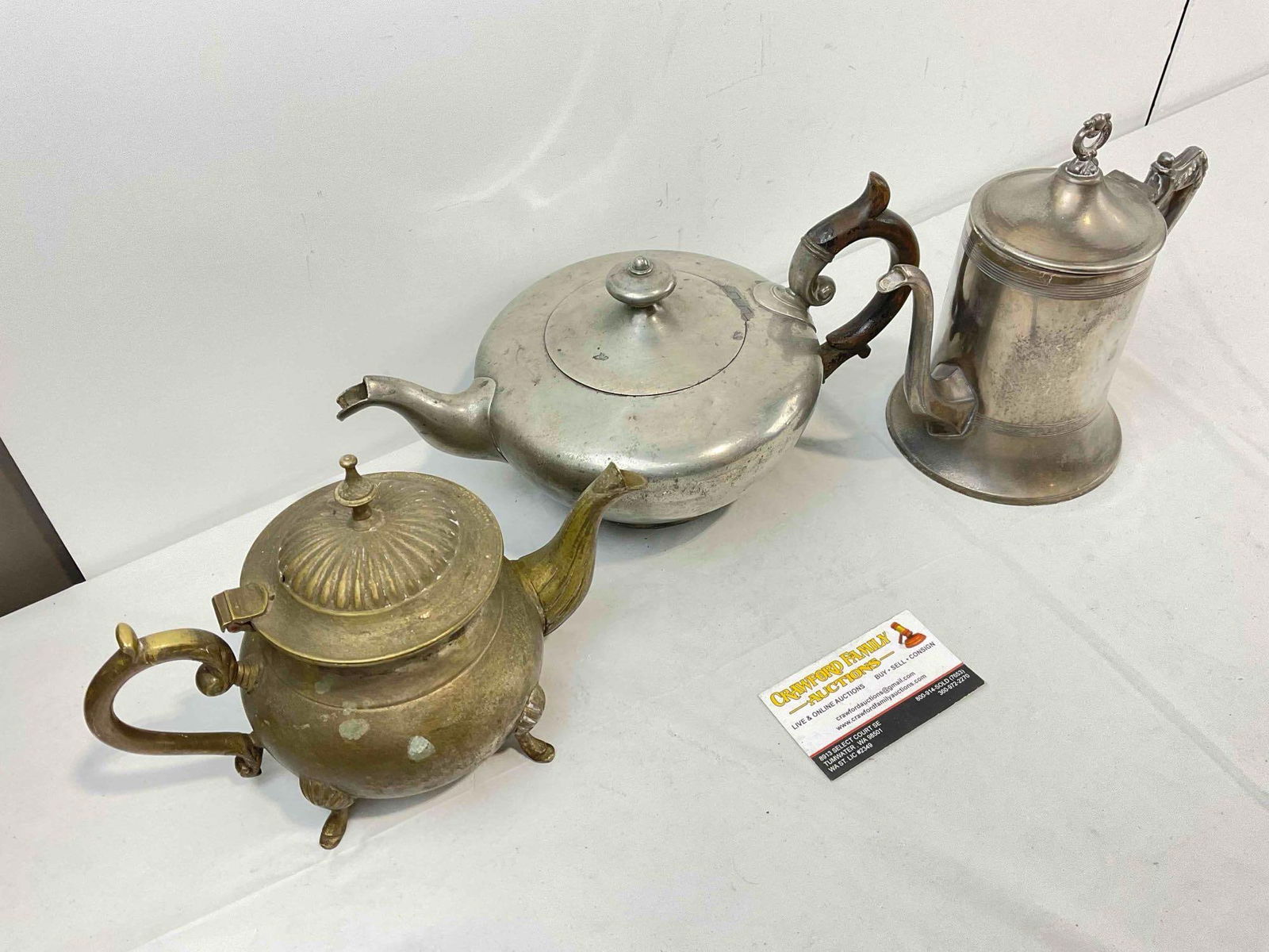 3 pcs Vintage Metal Tea Pots, incl. 1x Brass & 2x Silver Plated, incl. James Dixon & Son. See pics. - 3
