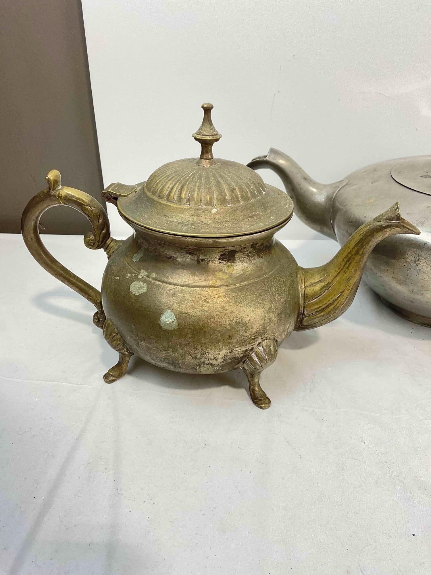 3 pcs Vintage Metal Tea Pots, incl. 1x Brass & 2x Silver Plated, incl. James Dixon & Son. See pics. - 4