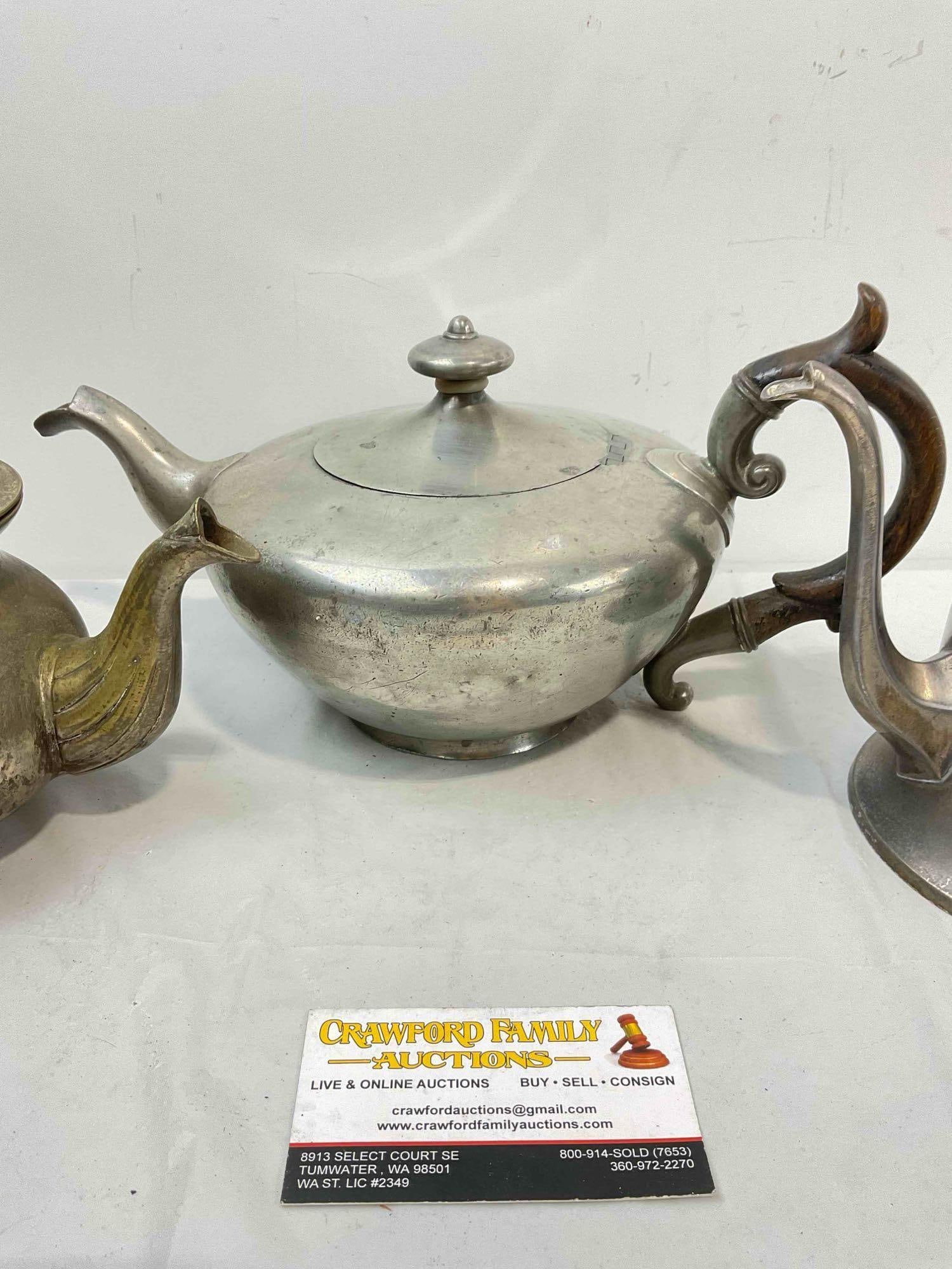 3 pcs Vintage Metal Tea Pots, incl. 1x Brass & 2x Silver Plated, incl. James Dixon & Son. See pics. - 5