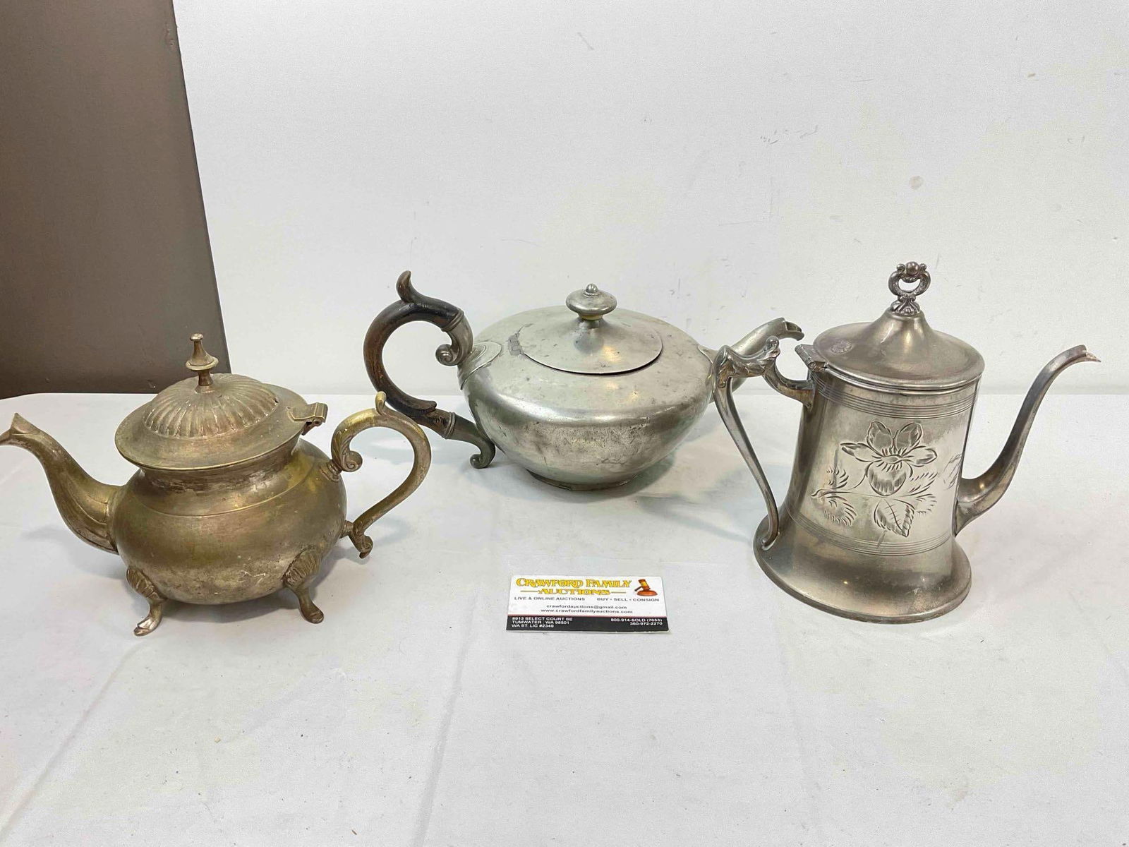 3 pcs Vintage Metal Tea Pots, incl. 1x Brass & 2x Silver Plated, incl. James Dixon & Son. See pics. - 7