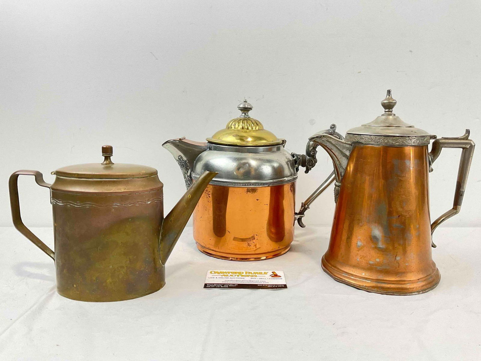 3 pcs Vintage Metal Tea Pots, incl. Manning & Bowman Brass & Copper, New Imperial Copper. (1 of 7)