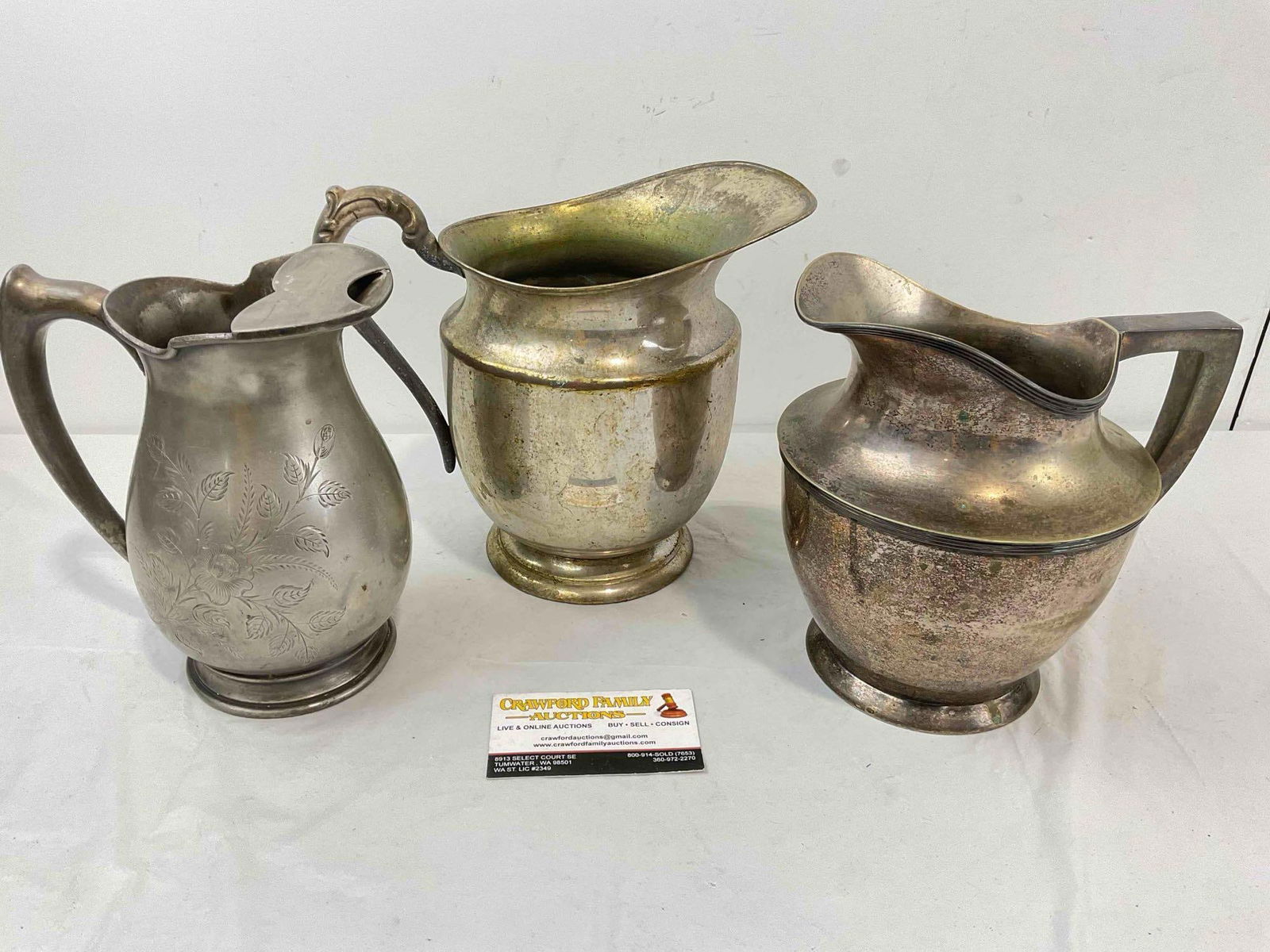 3 pcs Antique Silver Plated Water Pitchers, incl. Aurora, F.B. Roger's Co., and T&I. See pics. (1 of 10)