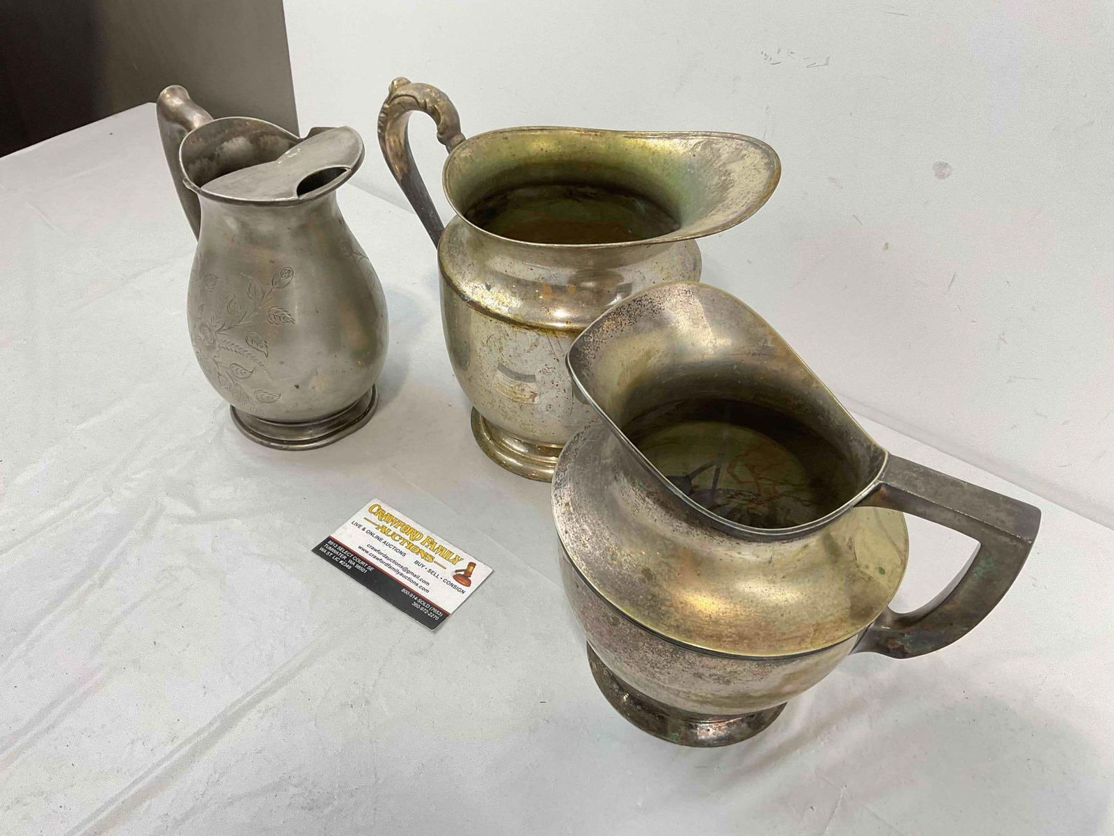 3 pcs Antique Silver Plated Water Pitchers, incl. Aurora, F.B. Roger's Co., and T&I. See pics. - 2