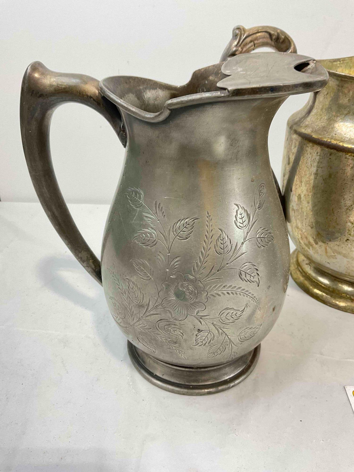 3 pcs Antique Silver Plated Water Pitchers, incl. Aurora, F.B. Roger's Co., and T&I. See pics. - 4