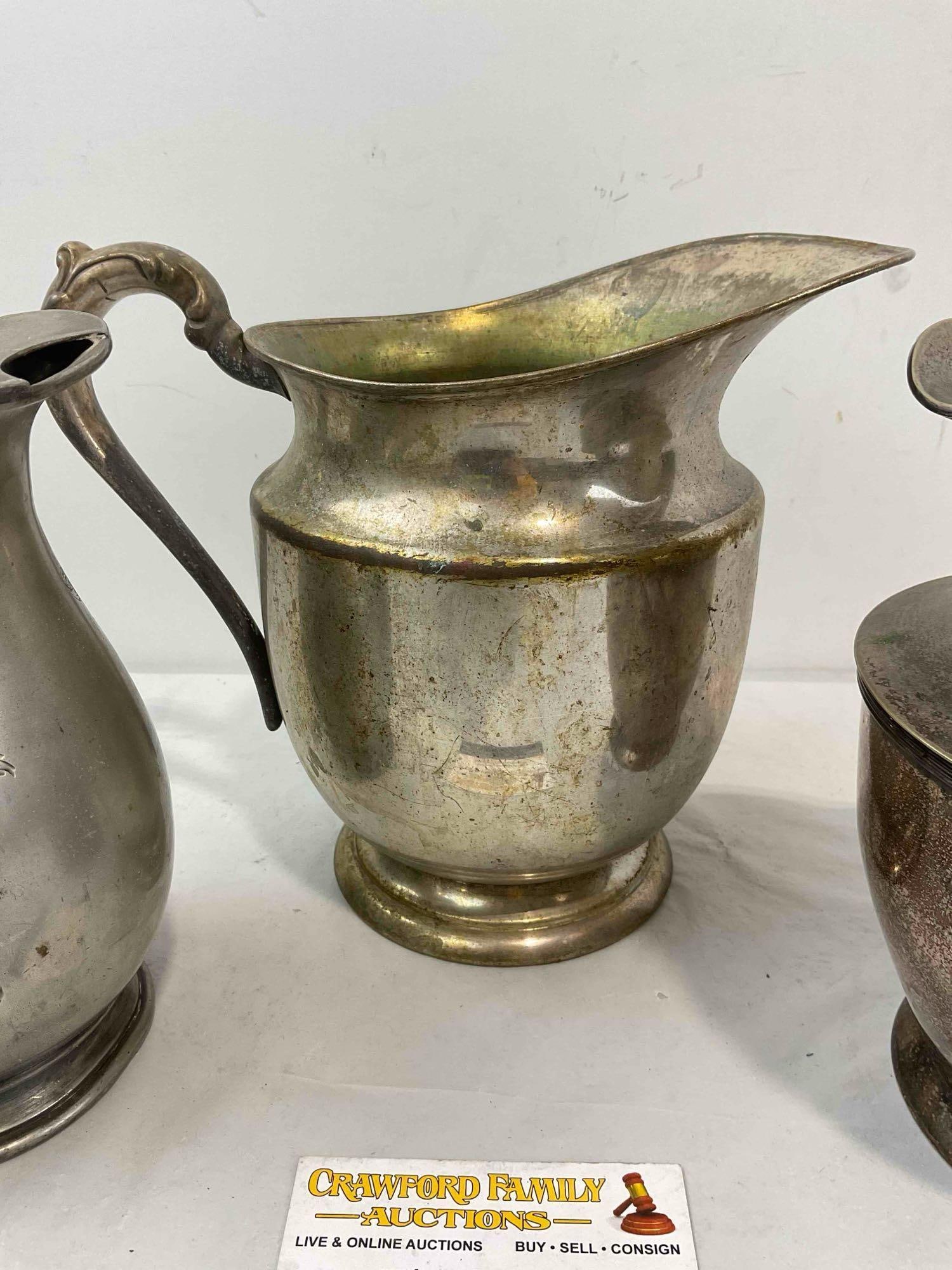3 pcs Antique Silver Plated Water Pitchers, incl. Aurora, F.B. Roger's Co., and T&I. See pics. - 5