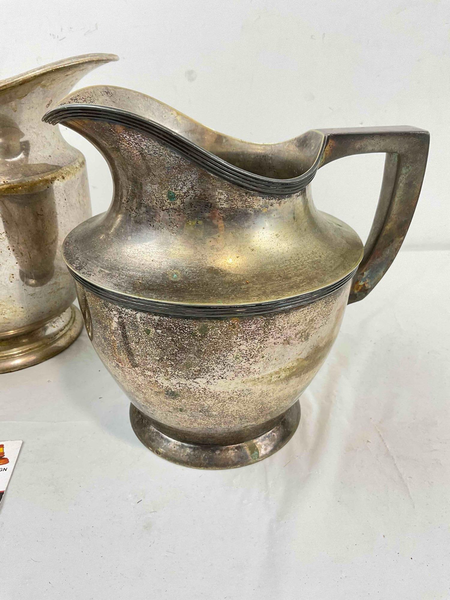 3 pcs Antique Silver Plated Water Pitchers, incl. Aurora, F.B. Roger's Co., and T&I. See pics. - 6