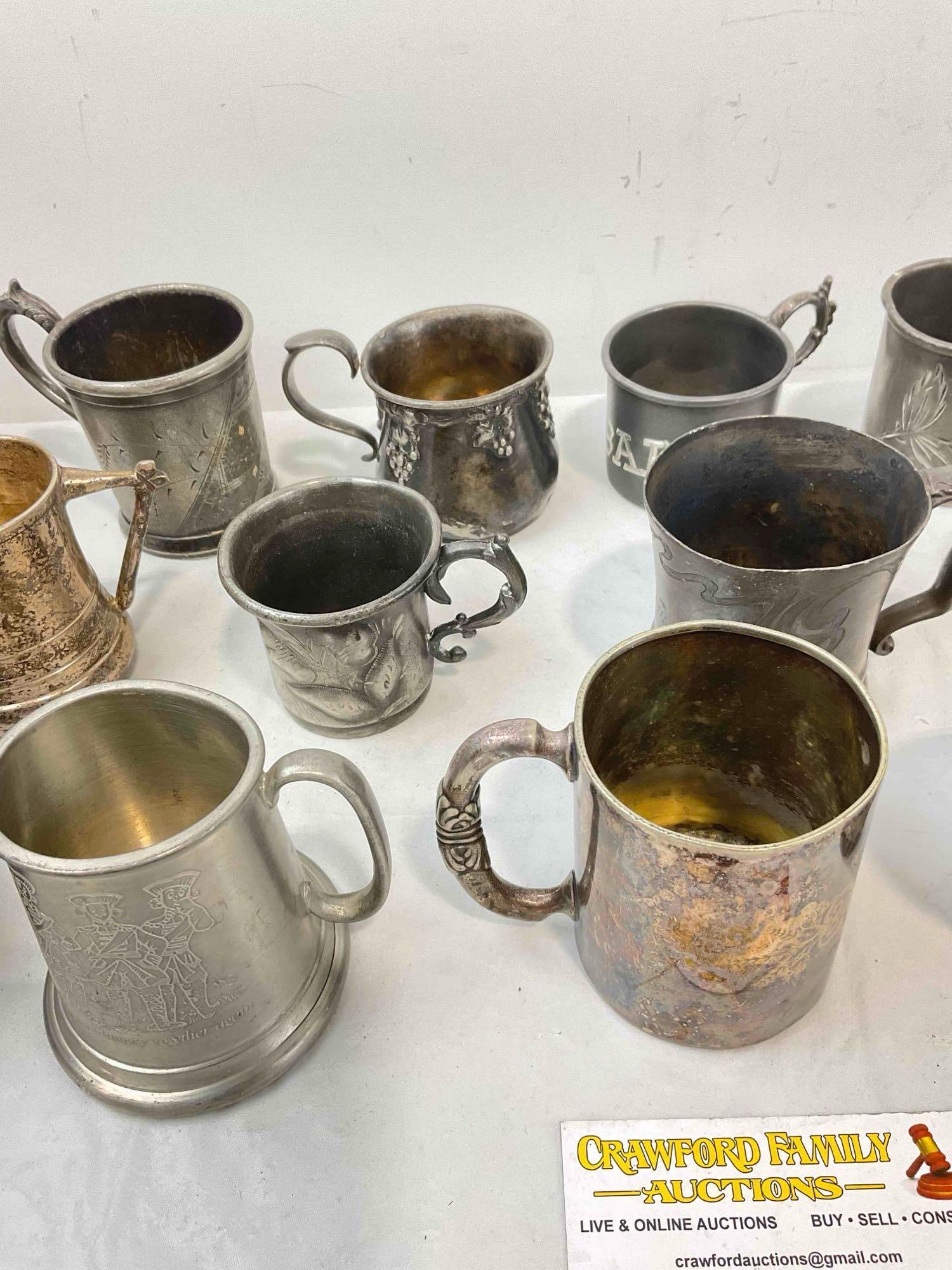 20 pcs Vintage Silver Plated & Pewter Baby Christening Mugs, incl. Sheffield & Victor Silver. - 4
