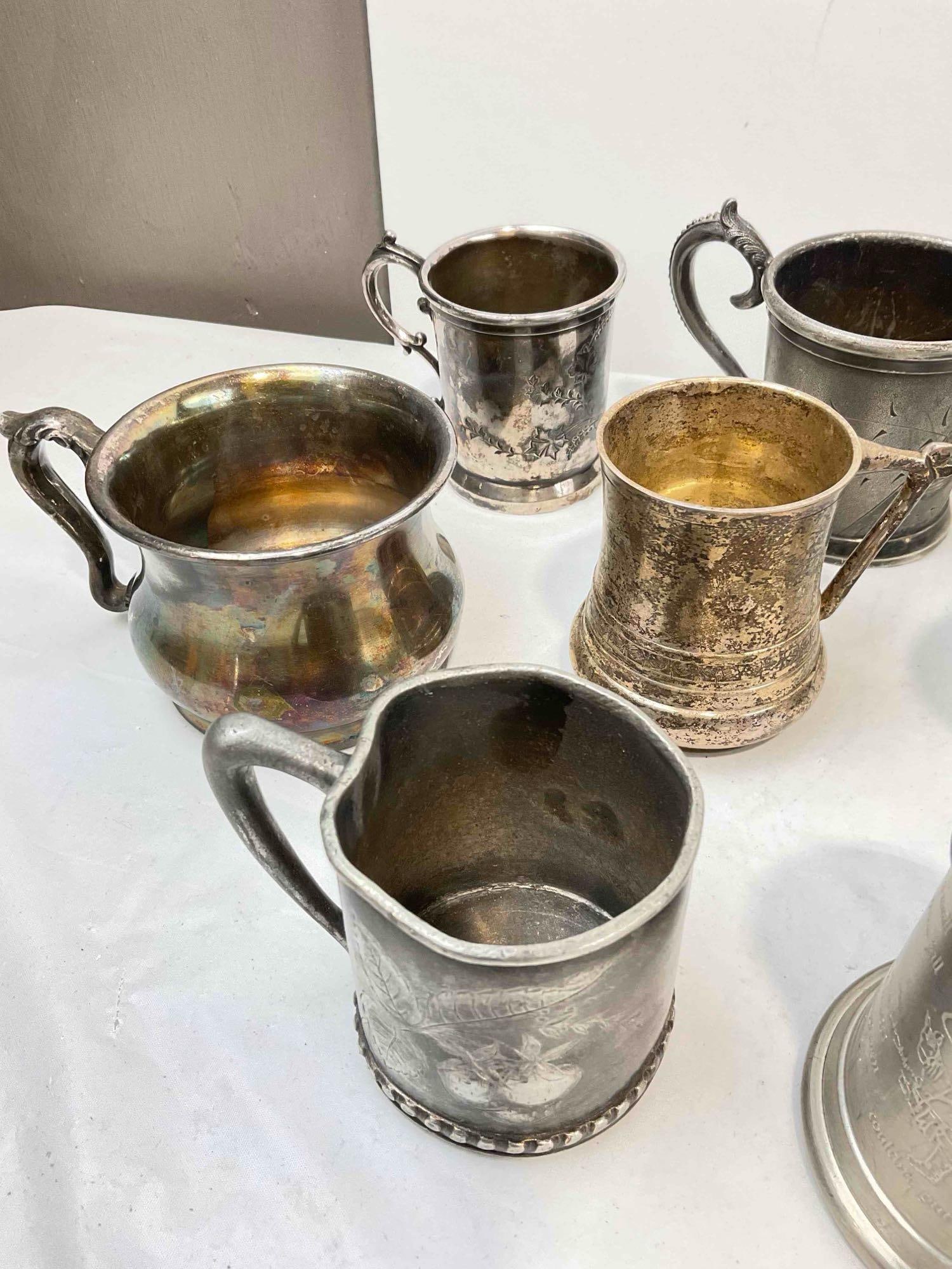 20 pcs Vintage Silver Plated & Pewter Baby Christening Mugs, incl. Sheffield & Victor Silver. - 5