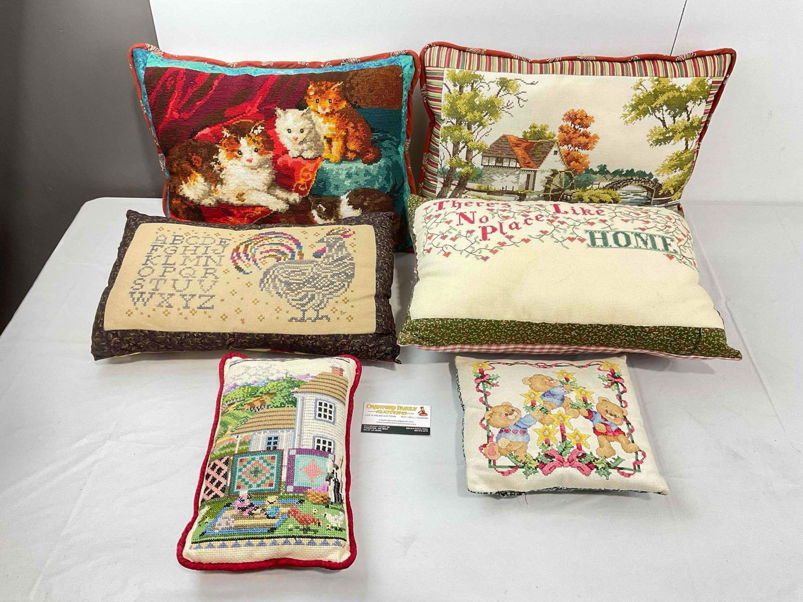 6 pcs Throw Pillows w/ Charming Covers, incl. Needlepoint Cats & Cross Stitch Sampler. See pics. (1 of 7)