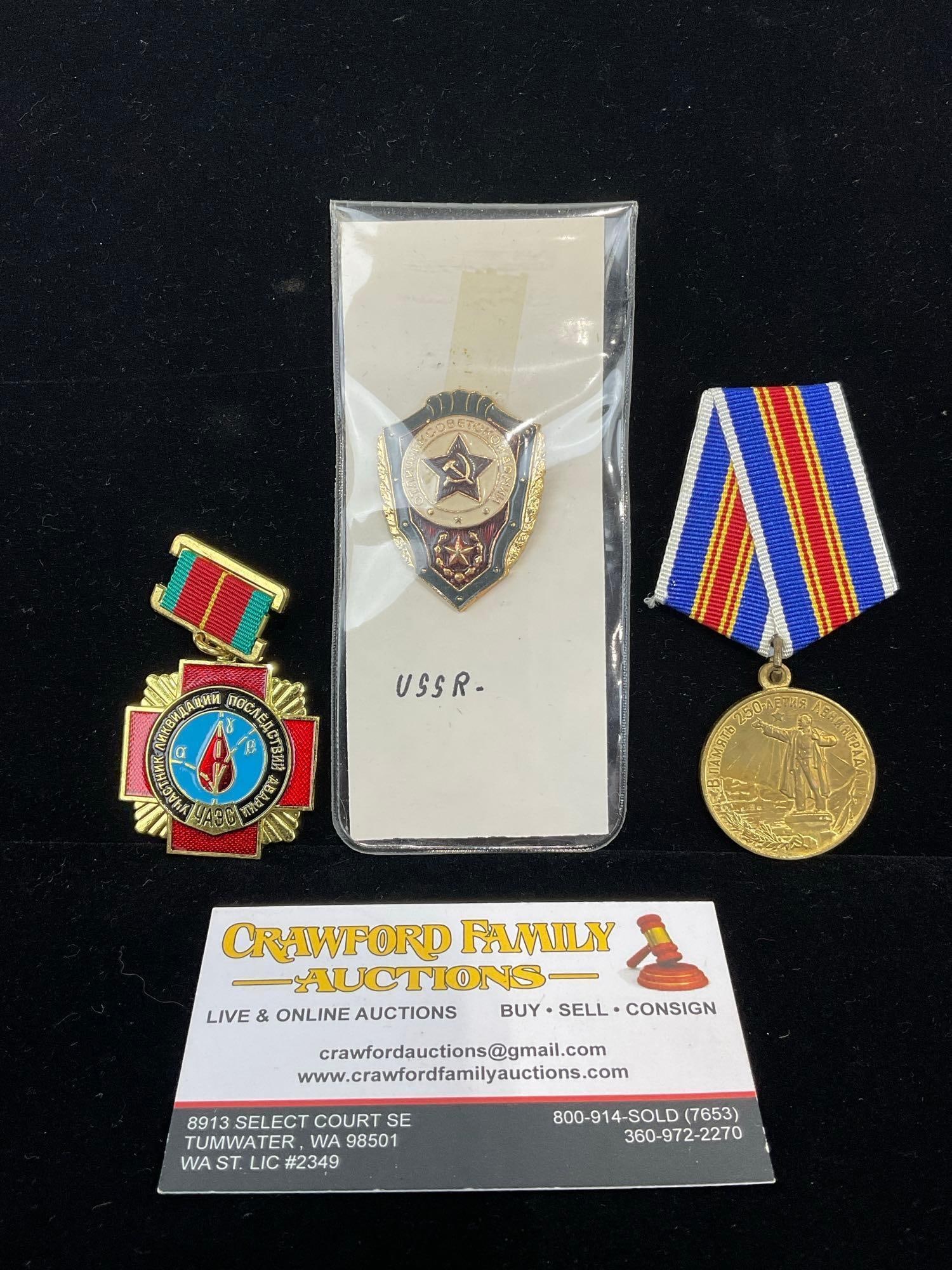 3 USSR Medals, Chernobyl Cleanup Medal, 250th Anni. of Leningrad & Army Excellence Pin (1 of 5)