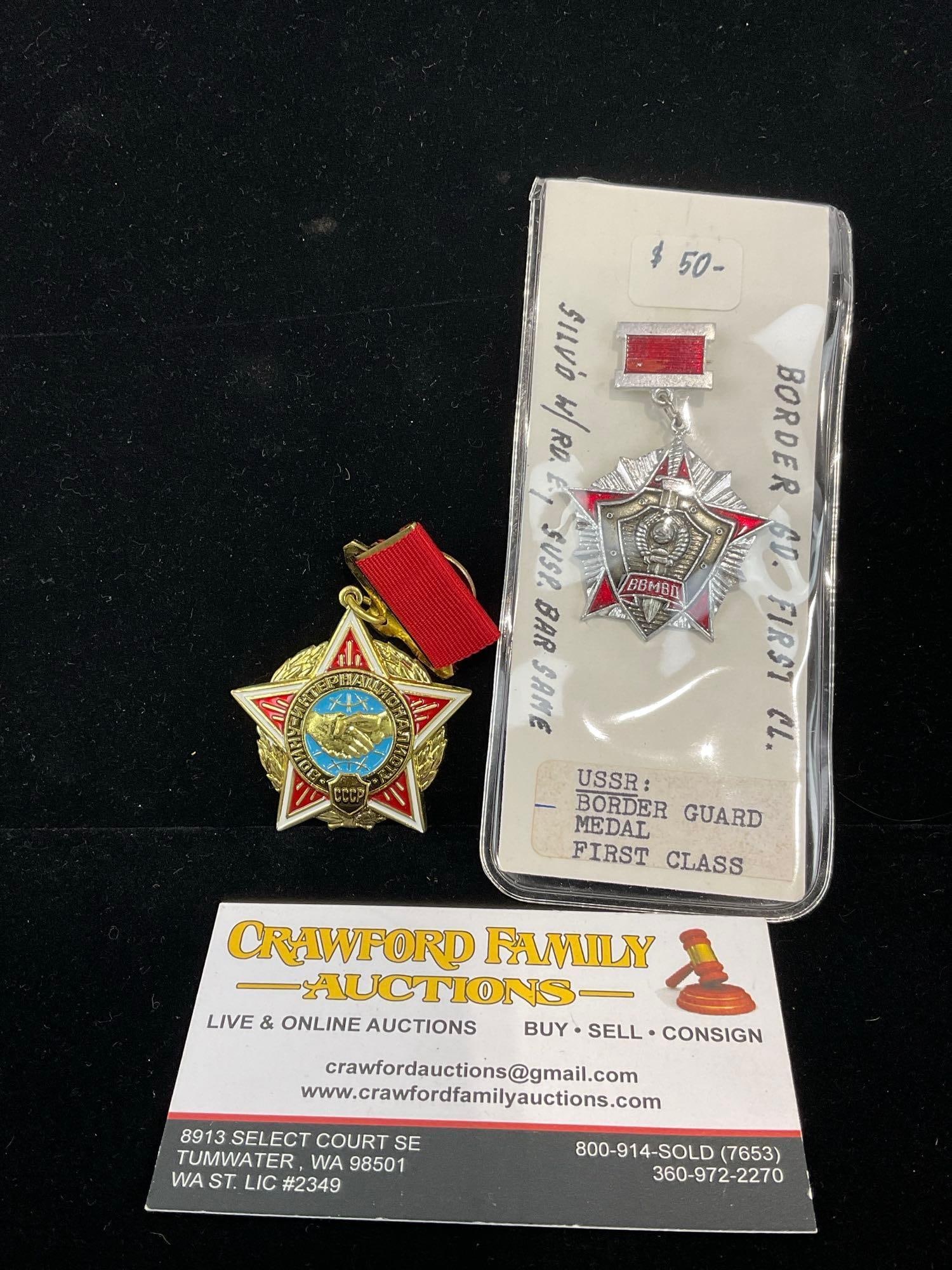 Pair of USSR Medals, Border Guard Medal 1st Class & Warrior Internationalist to Afghanistan: All from a single collection, these are briefly described on the tag and were kept in a display. They measure approx 6h x 3w x 2d inches. See pics. E-5300