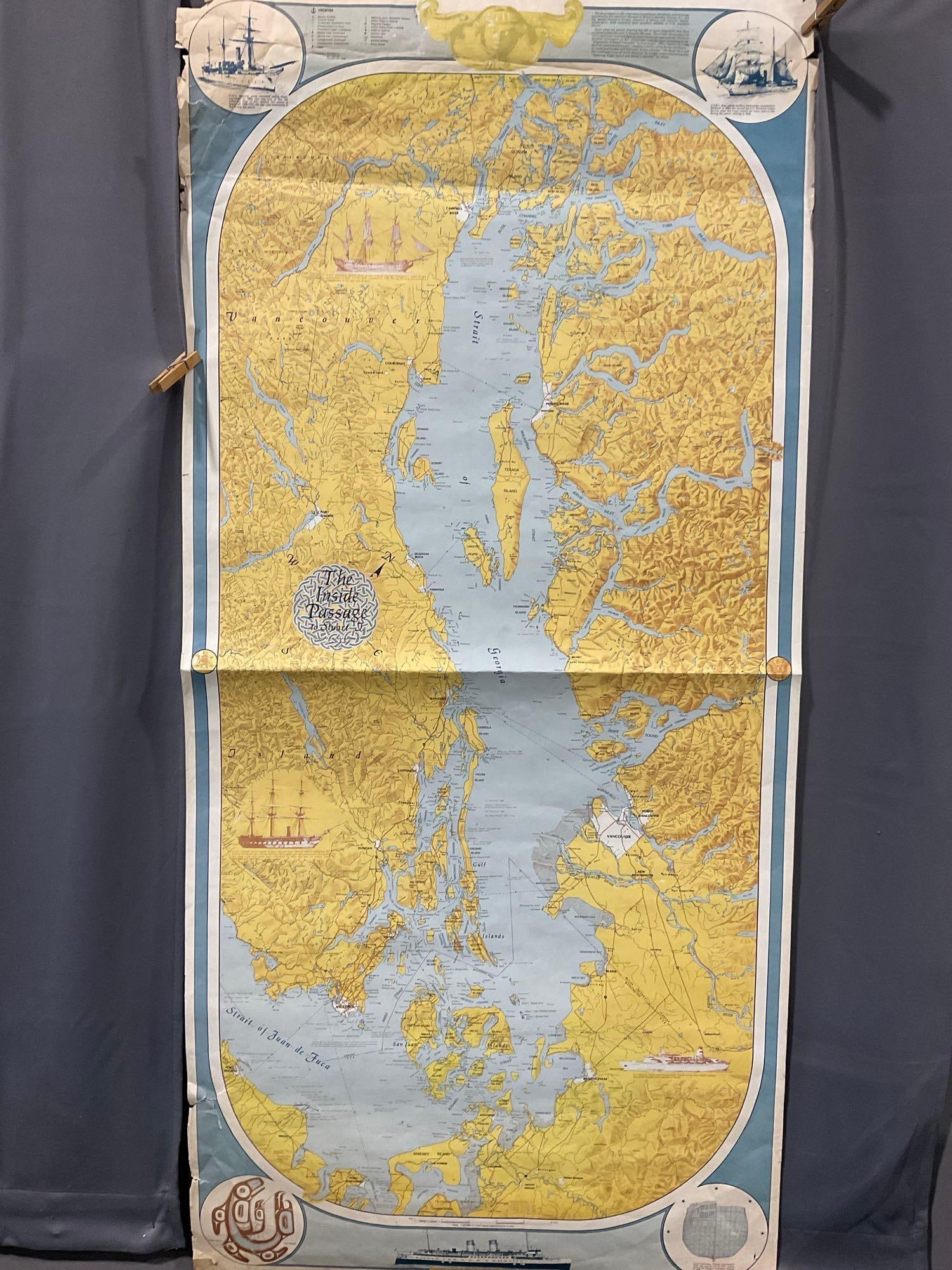 Map of the Inside Passage to Stuart Island, Strait of Georgia, 60 x 28 inches: Appears to be in fair used shape. The piece measures approx 28h x 3w x 3d inches. See pics. E-5360 
