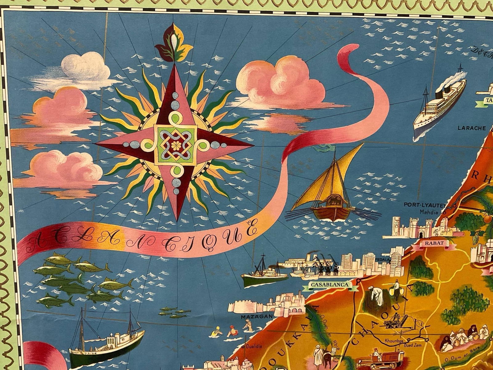 Vintage Pictorial Morocco map, titled La Maroc, 31h x 47w inches - 2