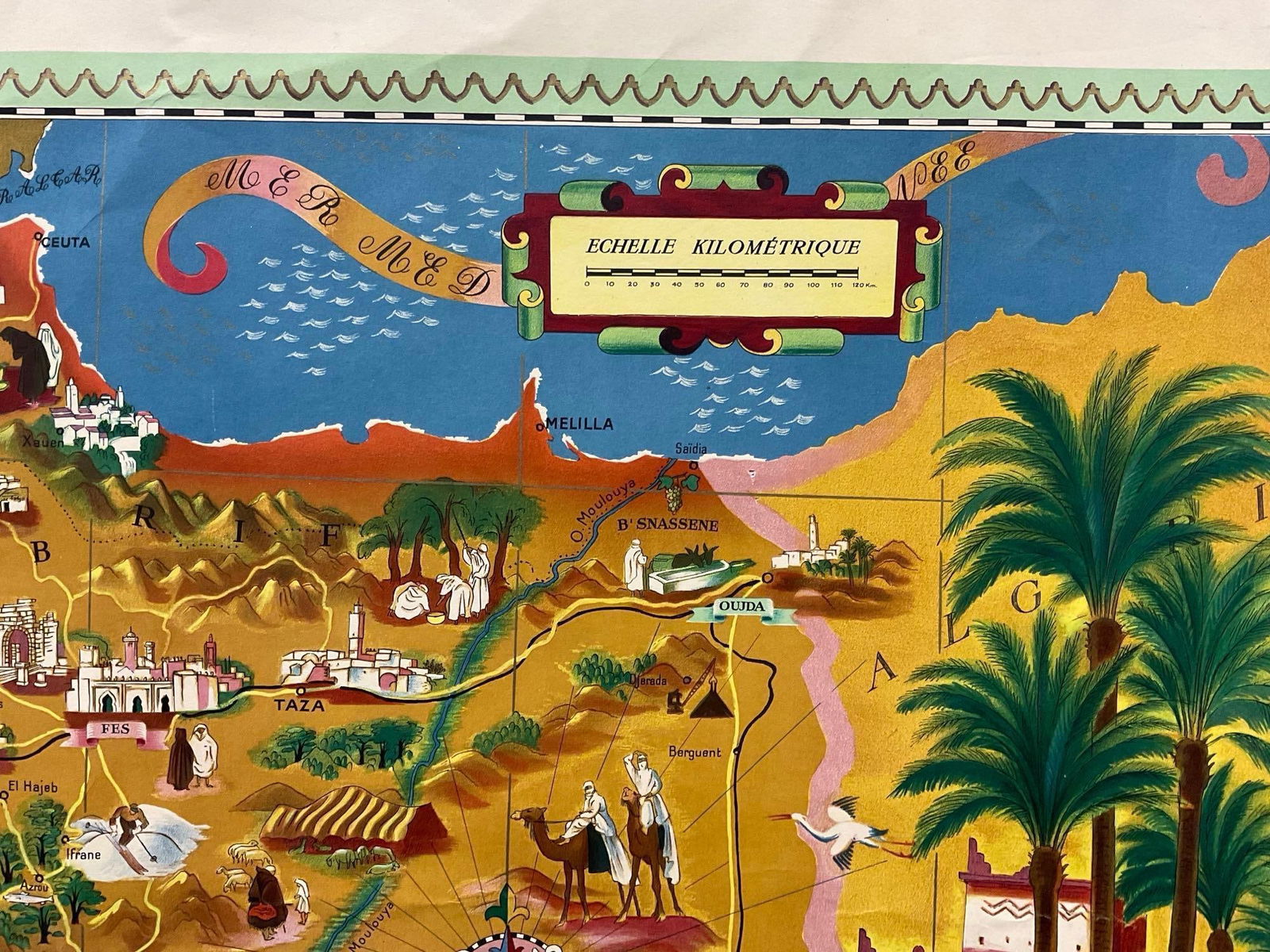 Vintage Pictorial Morocco map, titled La Maroc, 31h x 47w inches - 5