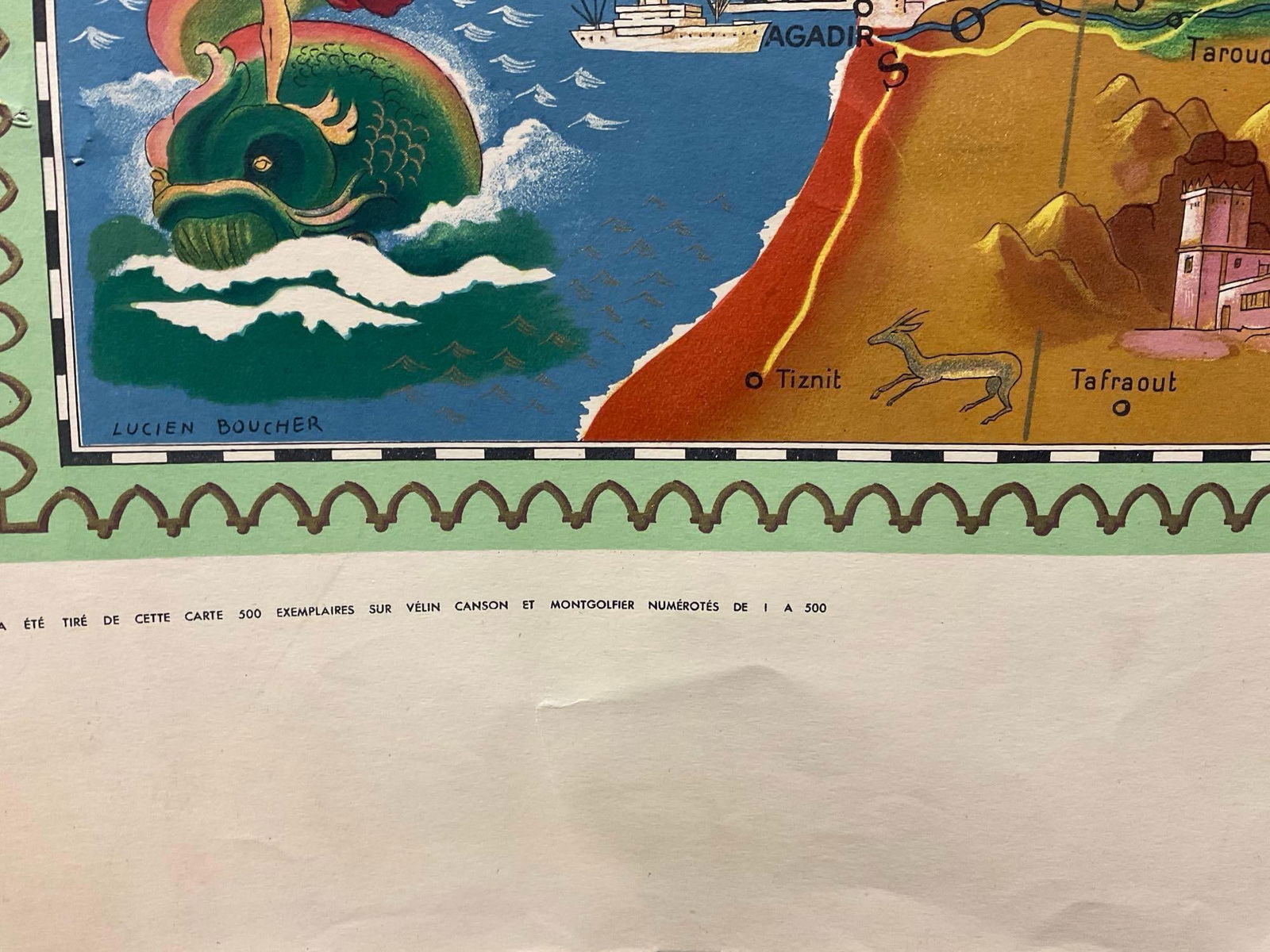 Vintage Pictorial Morocco map, titled La Maroc, 31h x 47w inches - 6