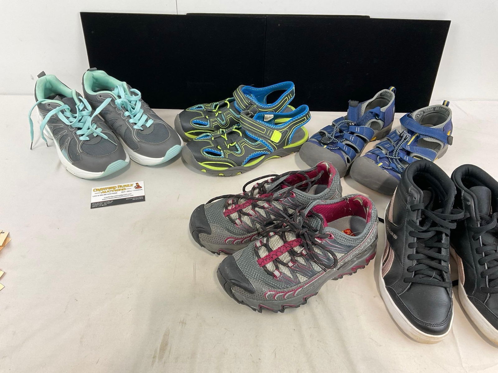 5 Pairs of Shoes, Womens Size 5 & 6, La Sportiva, Keen, Reebok, Ryka & Water Shoes, 9h x 21w x 15d: Appears to be in good shape. The piece measures approx 9h x 21w x 15d inches. See pics. E-5180 