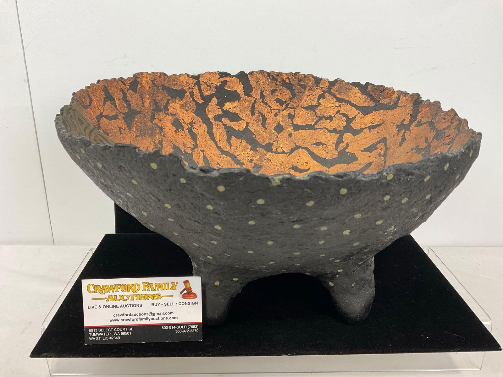 Signed Art Papier Mache Bowl w/ Three River Rock Feet, 9 Hoff 94, 8h x 12w x 13d inches: Appears to be in good shape. The piece measures approx 8h x 12w x 13d inches. See pics. E-5180 