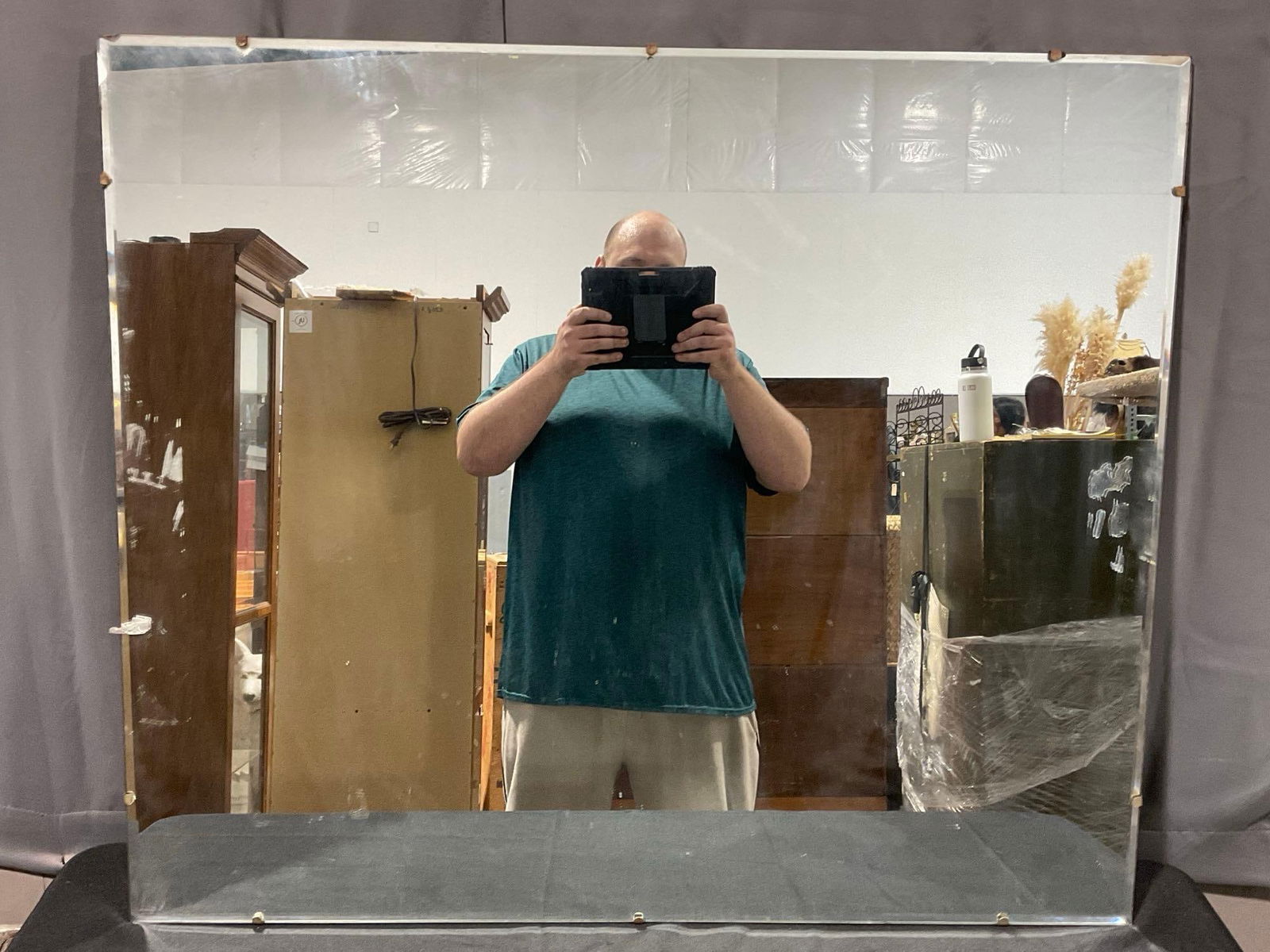 Large Antique Mirror w/ Brass Mounts around the edge, 35h x 41w x 3d inches (1 of 4)