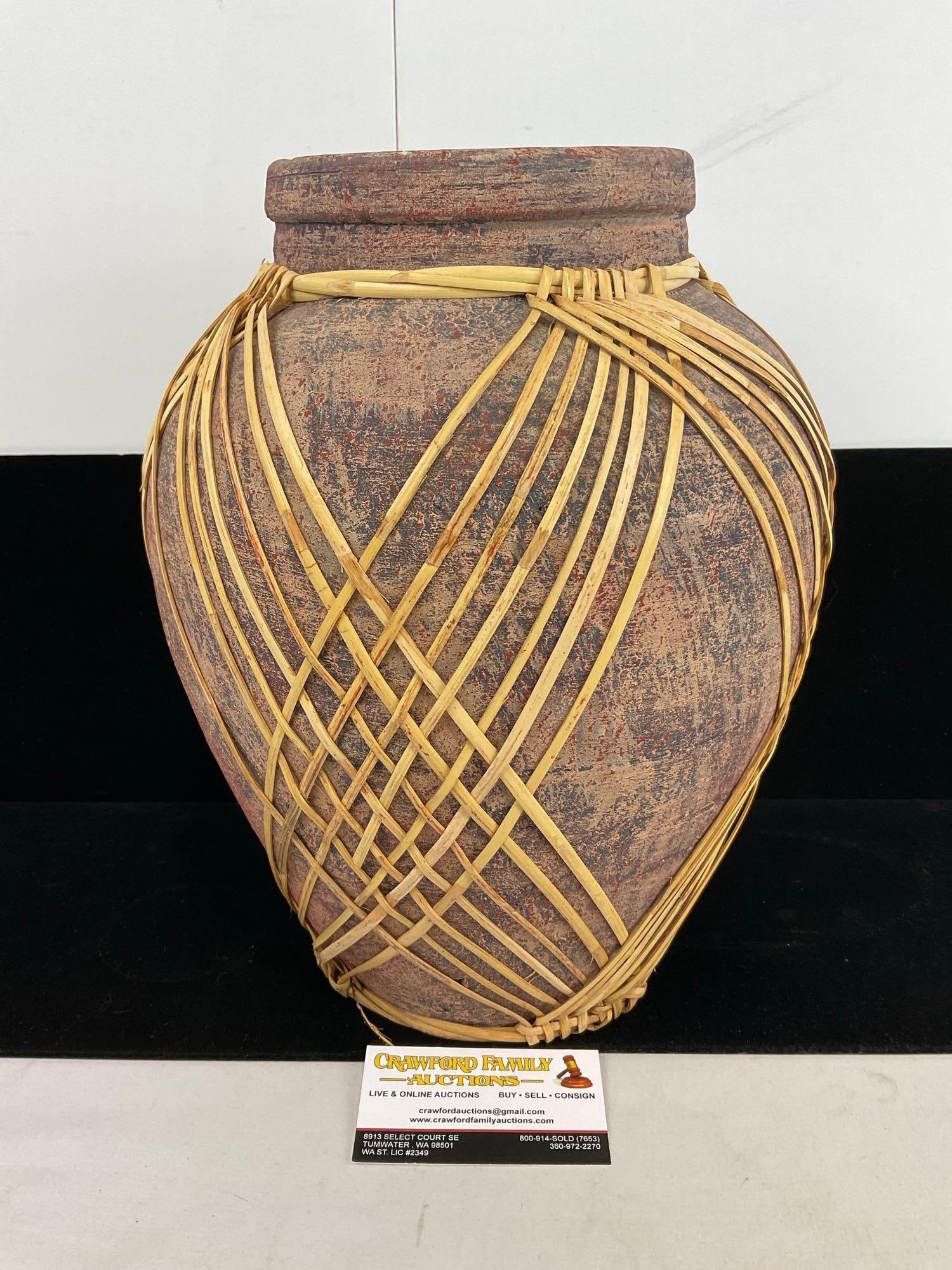 Vintage Filipino Vase, w/ Bamboo Adornment, approx 15h x 10w x 10d inches (1 of 4)