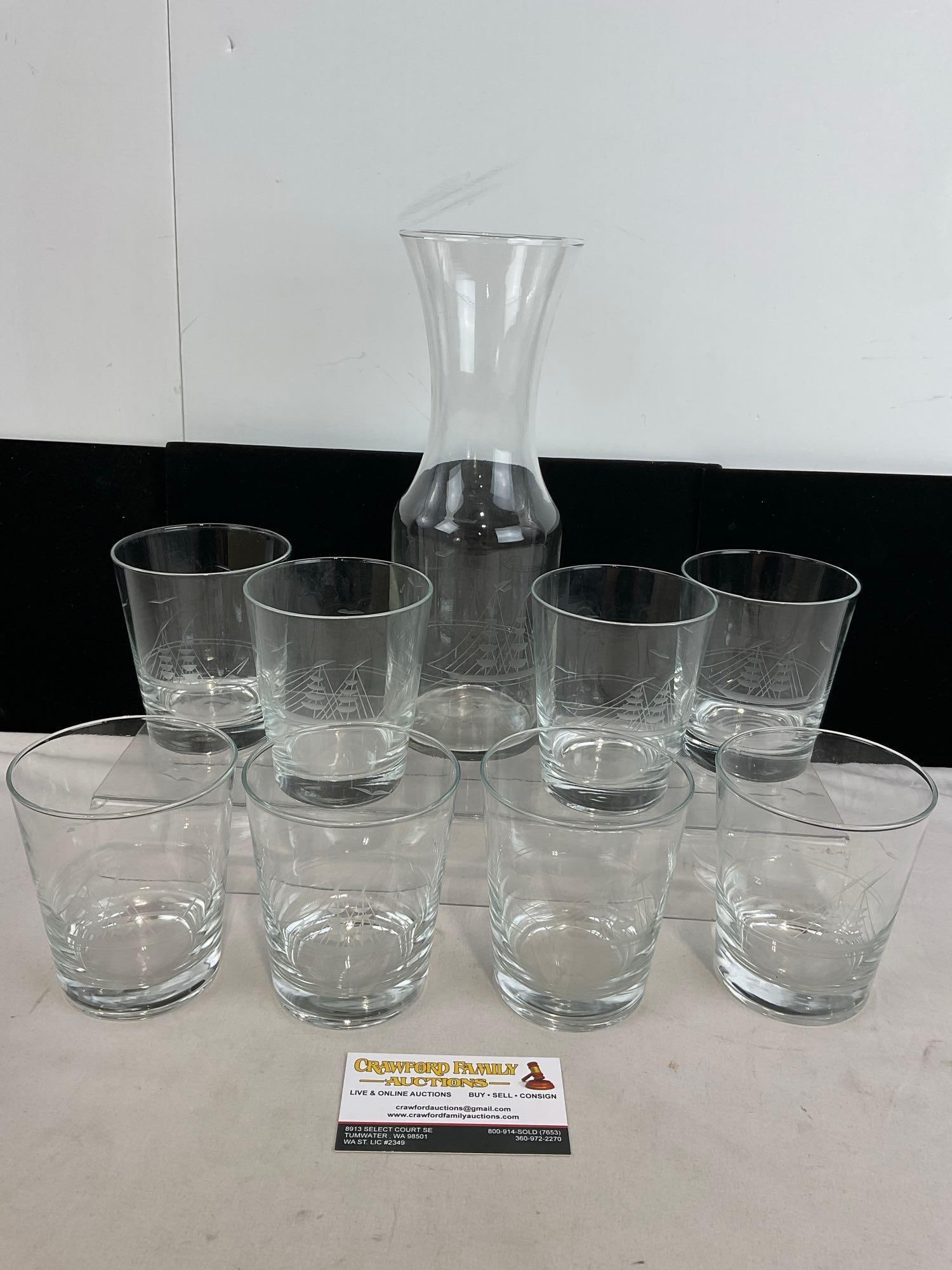Vintage Handcut Etched Clipper Decanter & 8 Double Old Fashioned Glasses, matching pattern (1 of 4)