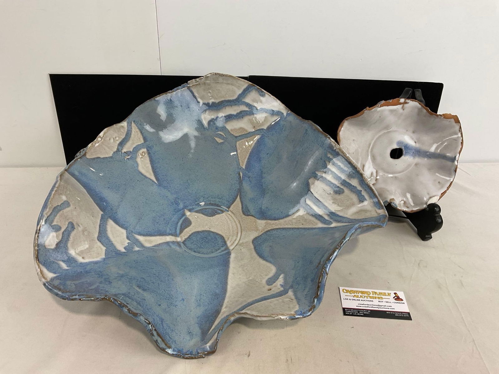 Blue/White Unique Art Pottery Pieces by Arlynne Stark, Large Dish & small piece w/ Hole, 7x19x18 in (1 of 4)