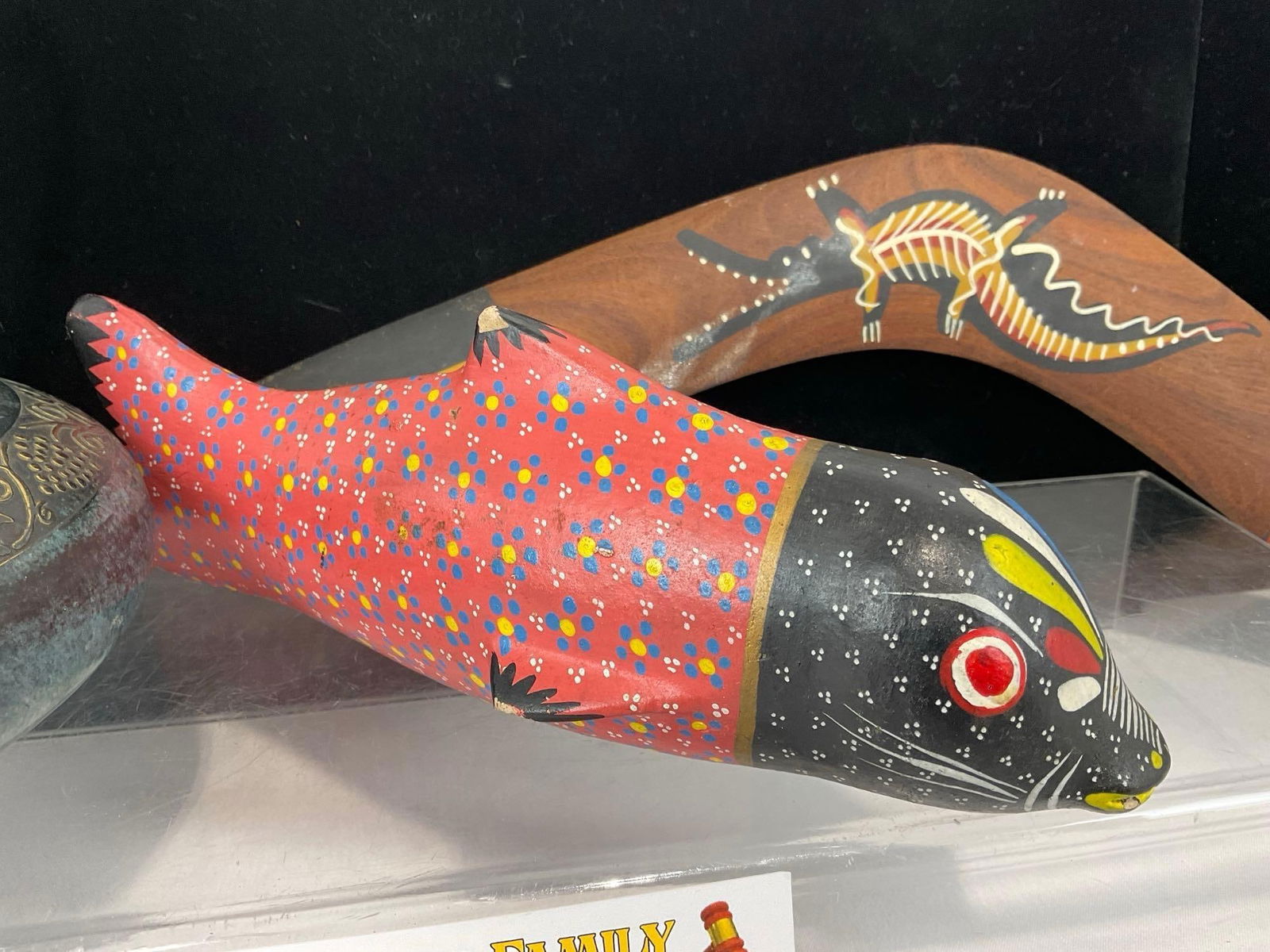 Australian Aboriginal Boomerang, Mexican Handpainted Pottery Fish, & Israeli Brass Art Pitcher - 3