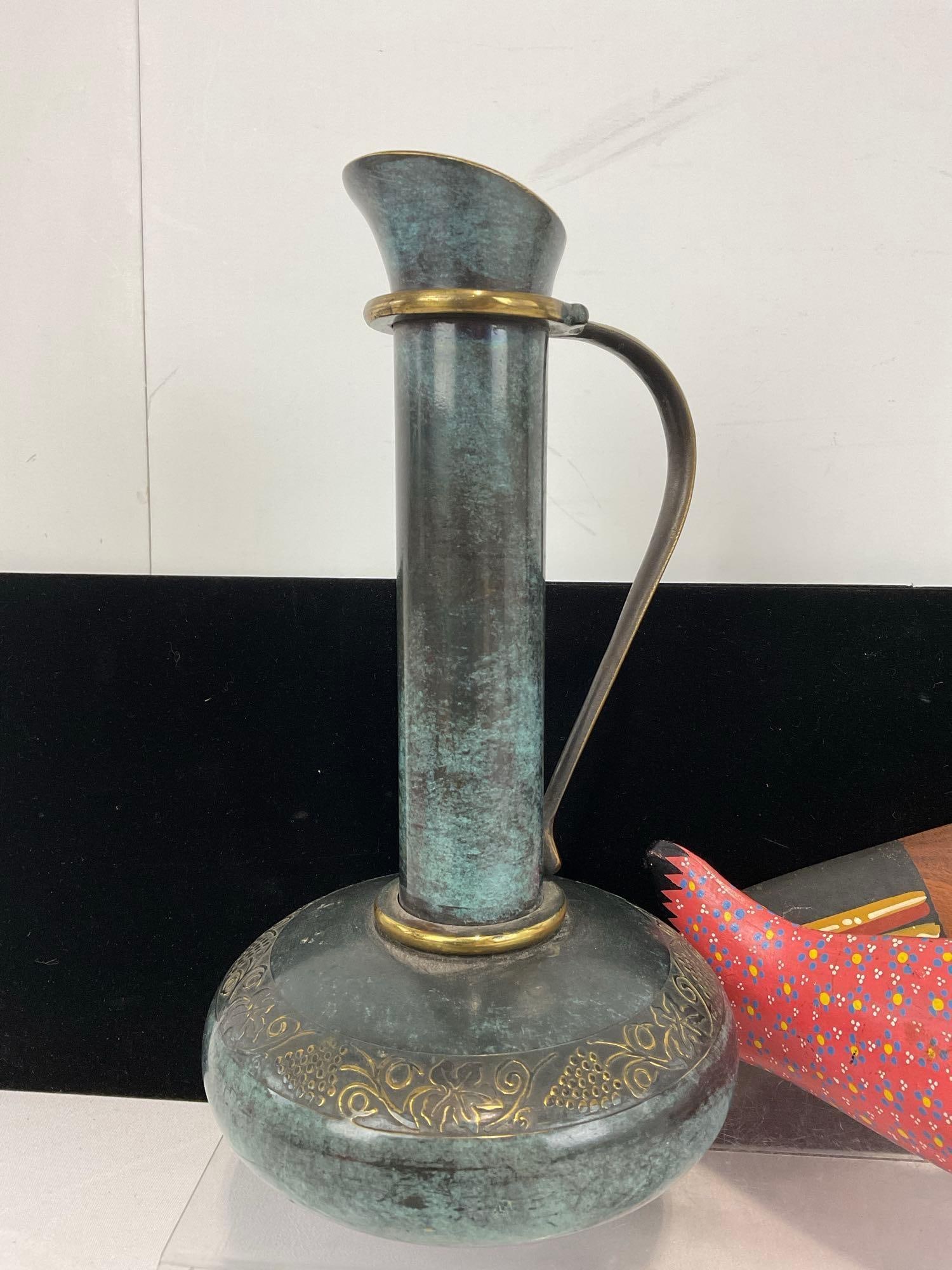 Australian Aboriginal Boomerang, Mexican Handpainted Pottery Fish, & Israeli Brass Art Pitcher - 4