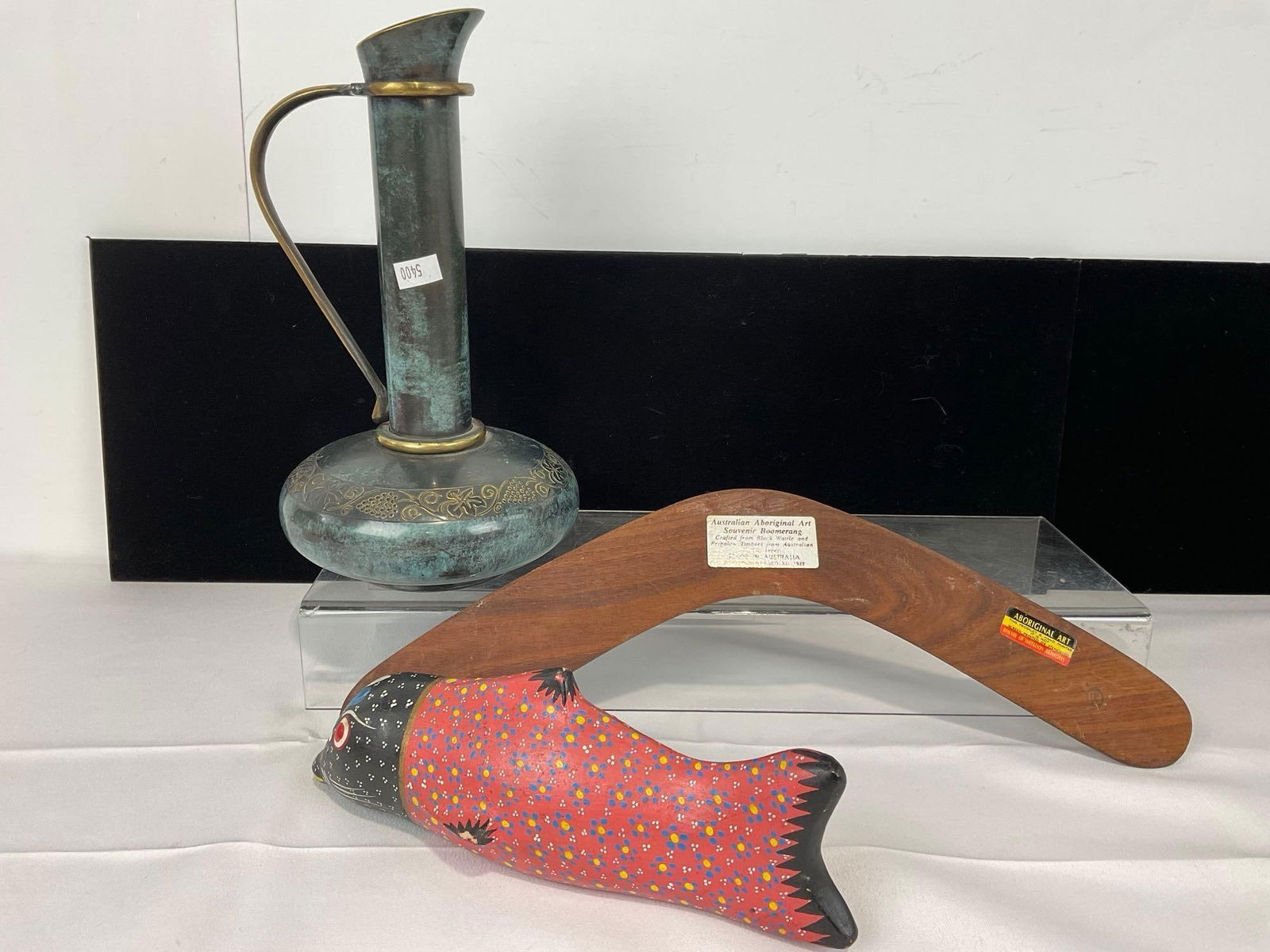 Australian Aboriginal Boomerang, Mexican Handpainted Pottery Fish, & Israeli Brass Art Pitcher - 5