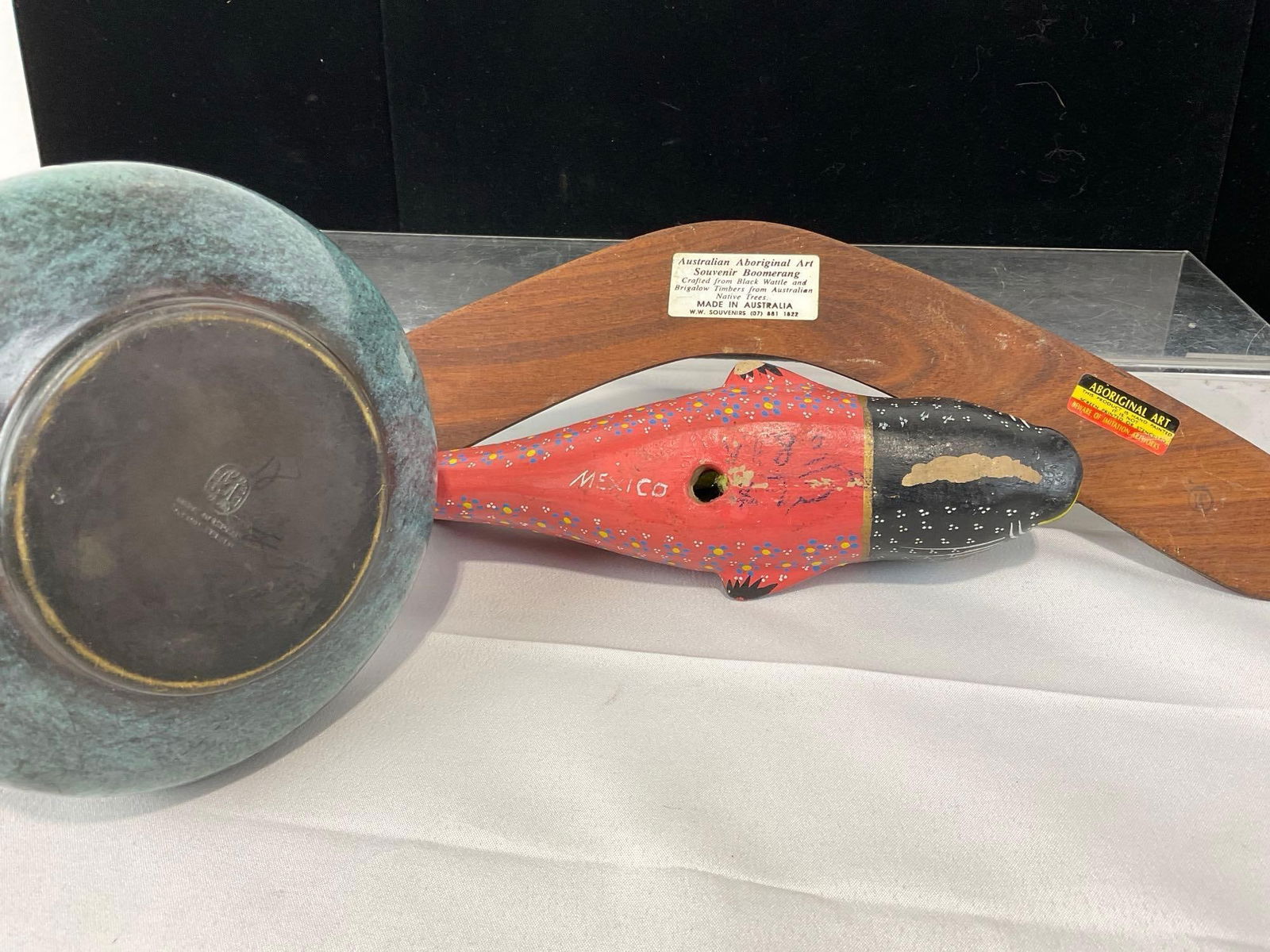 Australian Aboriginal Boomerang, Mexican Handpainted Pottery Fish, & Israeli Brass Art Pitcher - 6