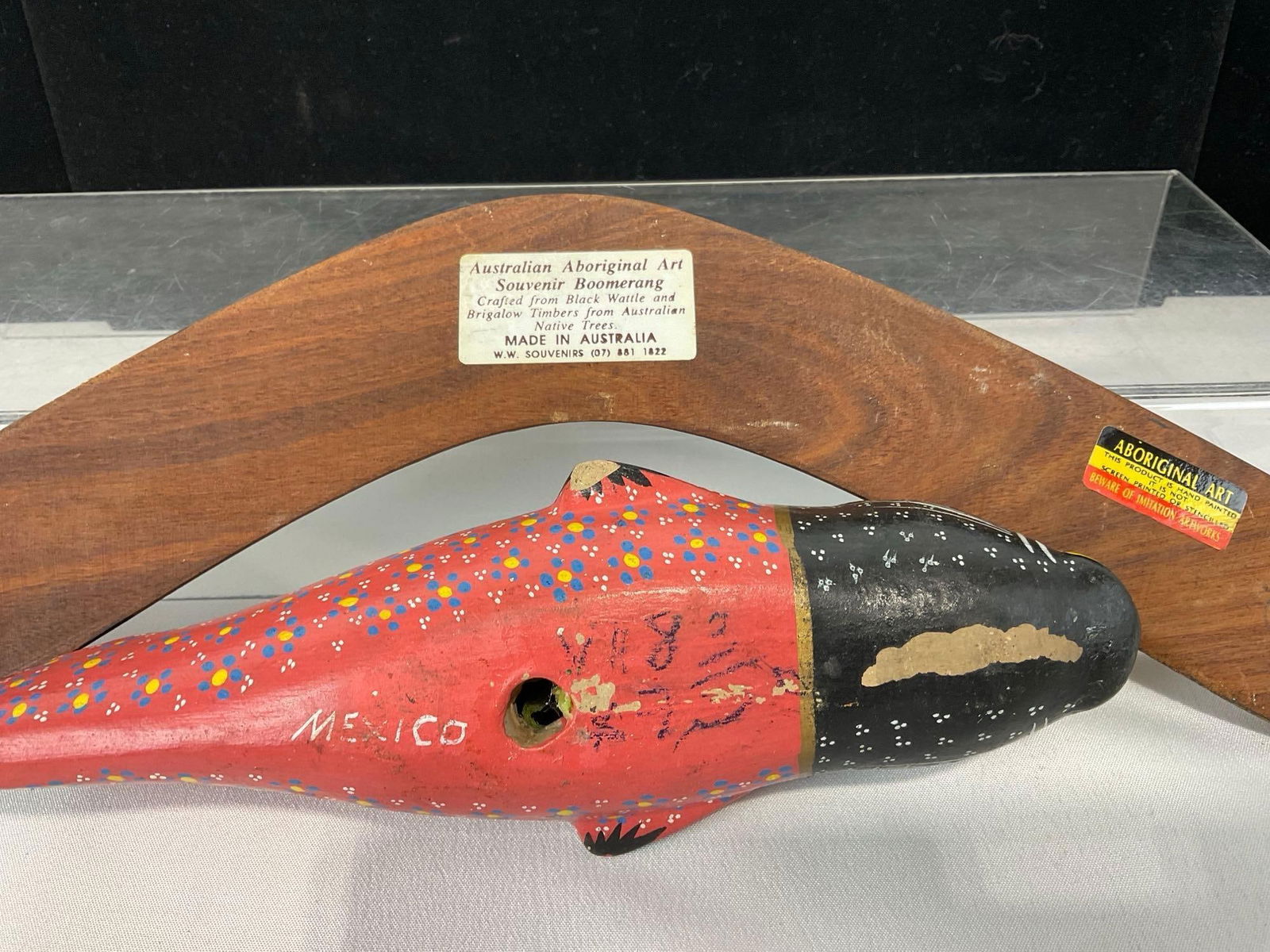 Australian Aboriginal Boomerang, Mexican Handpainted Pottery Fish, & Israeli Brass Art Pitcher - 8