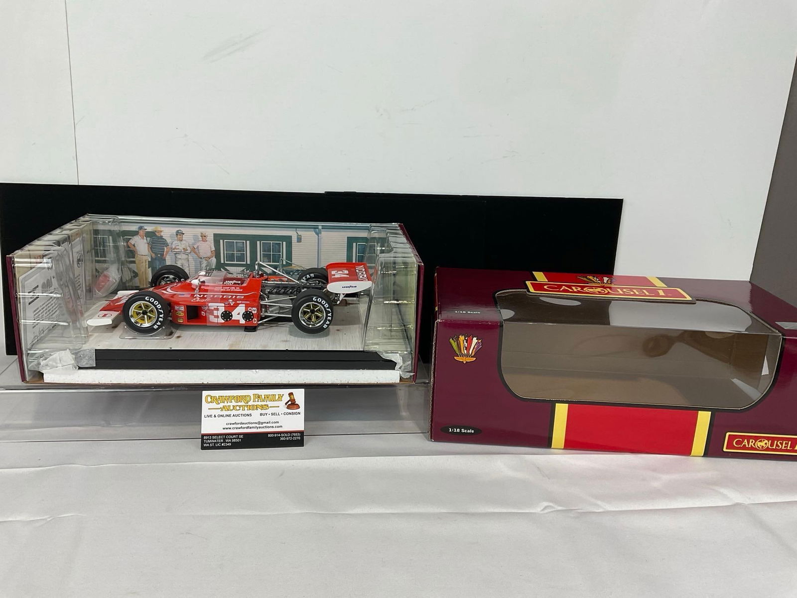 Carousel 1 AAR Norris Eagle 1972 Indy 500 Sam Posey #34 1/18 Scale Diecast Car Model orig box: Appears to be in good shape. The piece measures approx 6h x 15w x 9d inches. See pics. E-5420 