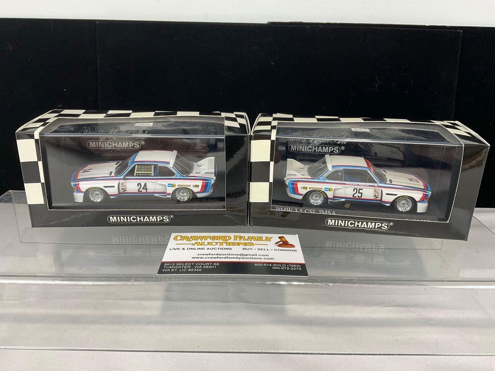 2 Minichamps 1975 BMW 3.5 CSL IMSA 1/43 Scale Diecast Car Model orig box, Sebring 12H & Riverside: Appears to be in good shape. The piece measures approx 7h x 7w x 4d inches. See pics. E-5420 