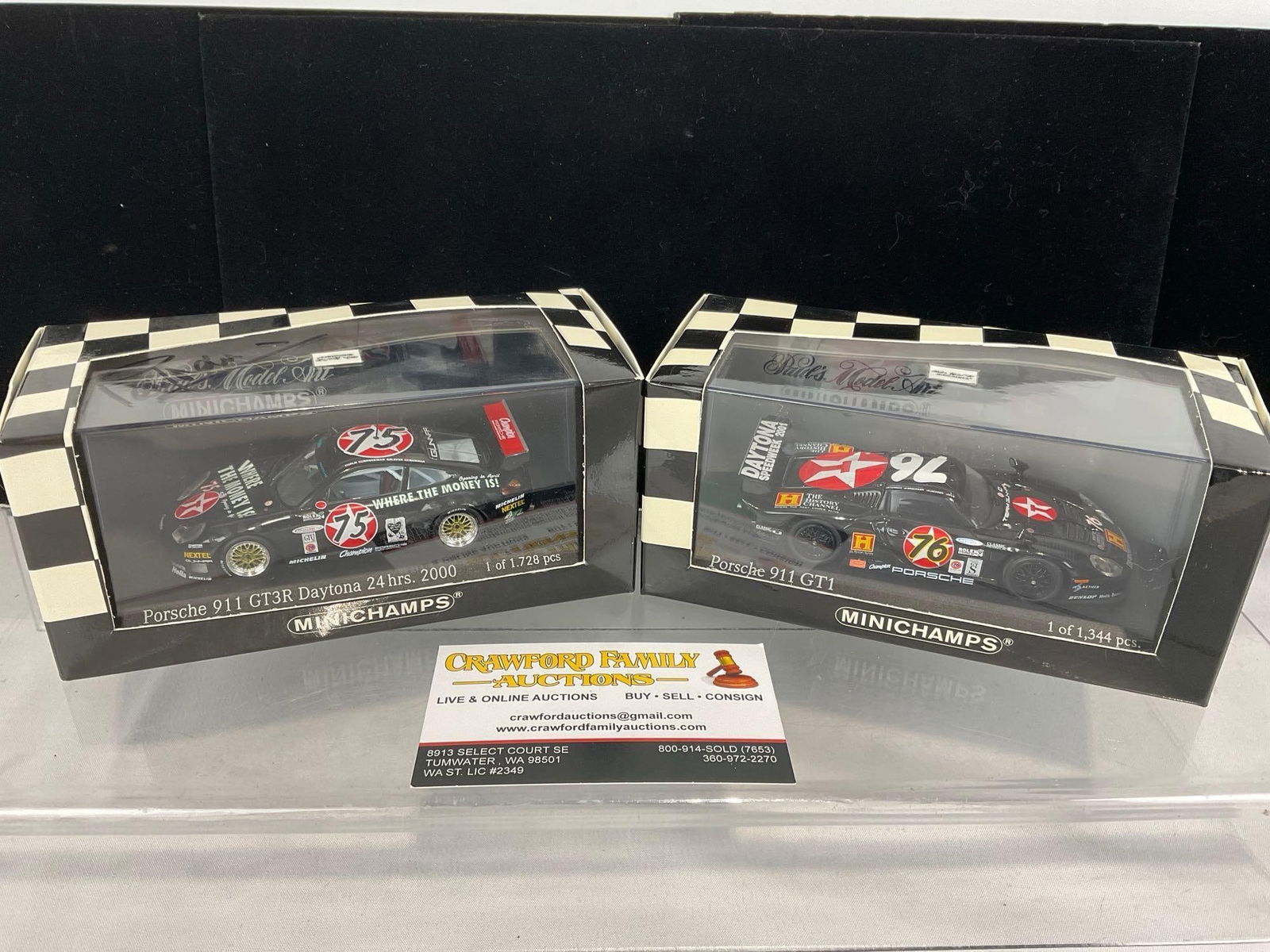 2 Minichamps Porsche 911 GT3-R Daytona 2000 & 24hrs, 1 signed by Paul Newman 1/43 Scale Diecast C...: One appears to be signed by Paul Newman, who drove the cars along with Laver, Brockman, Jeanette & Jackson. Appears to be in good shape. The piece measures approx 7h x 7w x 4d inches. See pics.