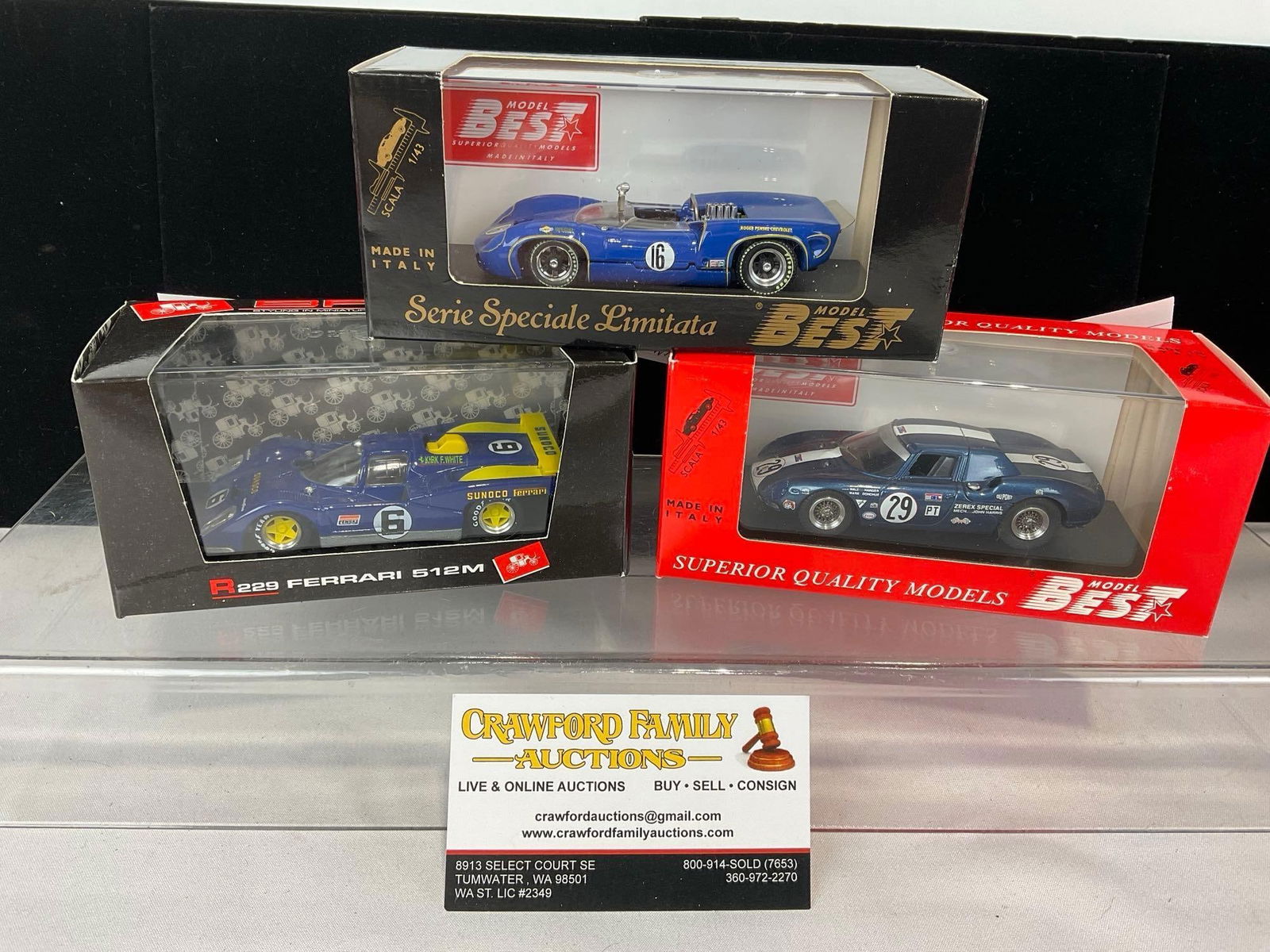 3 Mark Donohue 1/43 Scale Car Models, Ferrari 512M & 250 LM Sebring + Lola T70 Spyder St. Jovite: Model Best & Brumm. Appears to be in good shape. The piece measures approx 9h x 7w x 4d inches. See pics. E-5420 