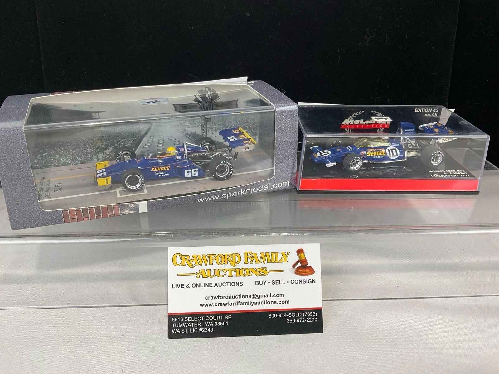 2 McLaren Car Models, 1/43 Scale, McLaren Ford M19 1971 & 1972 M16B Indy 500 Win, Mark Donohue: Appears to be in good shape. The piece measures approx 5h x 8w x 4d inches. See pics. E-5420 