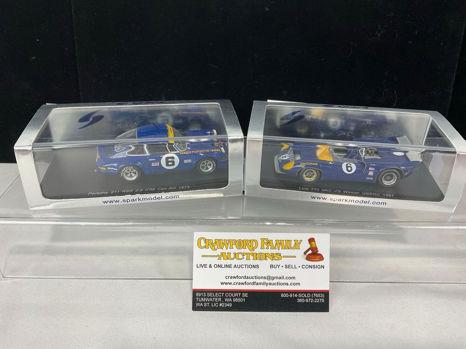 2 Spark 1/43 Scale Diecast Car Model orig box, Porsche 911 RSR 2.8 & Lola T70 Mk2 no6 1967 Winner: Appears to be in good shape. The piece measures approx 5h x 8w x 4d inches. See pics. E-5420 