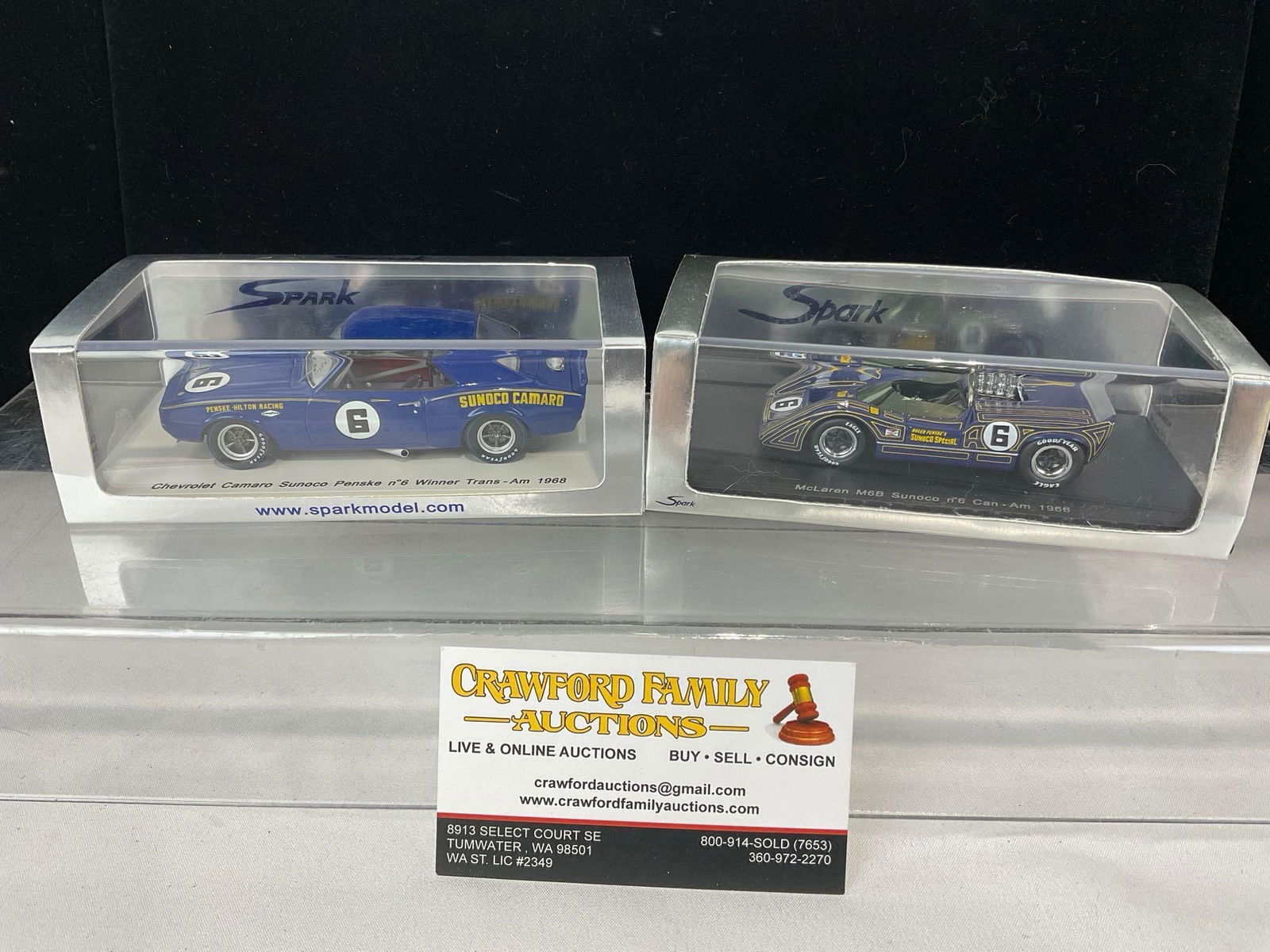 2 Spark 1/43 Scale 1968 Sunoco #6 Car Models, Chevy Camaro Penske Winner Trans-Am & McLaren M6B: Appears to be in good shape. The piece measures approx 6h x 8w x 4d inches. See pics. E-5420 