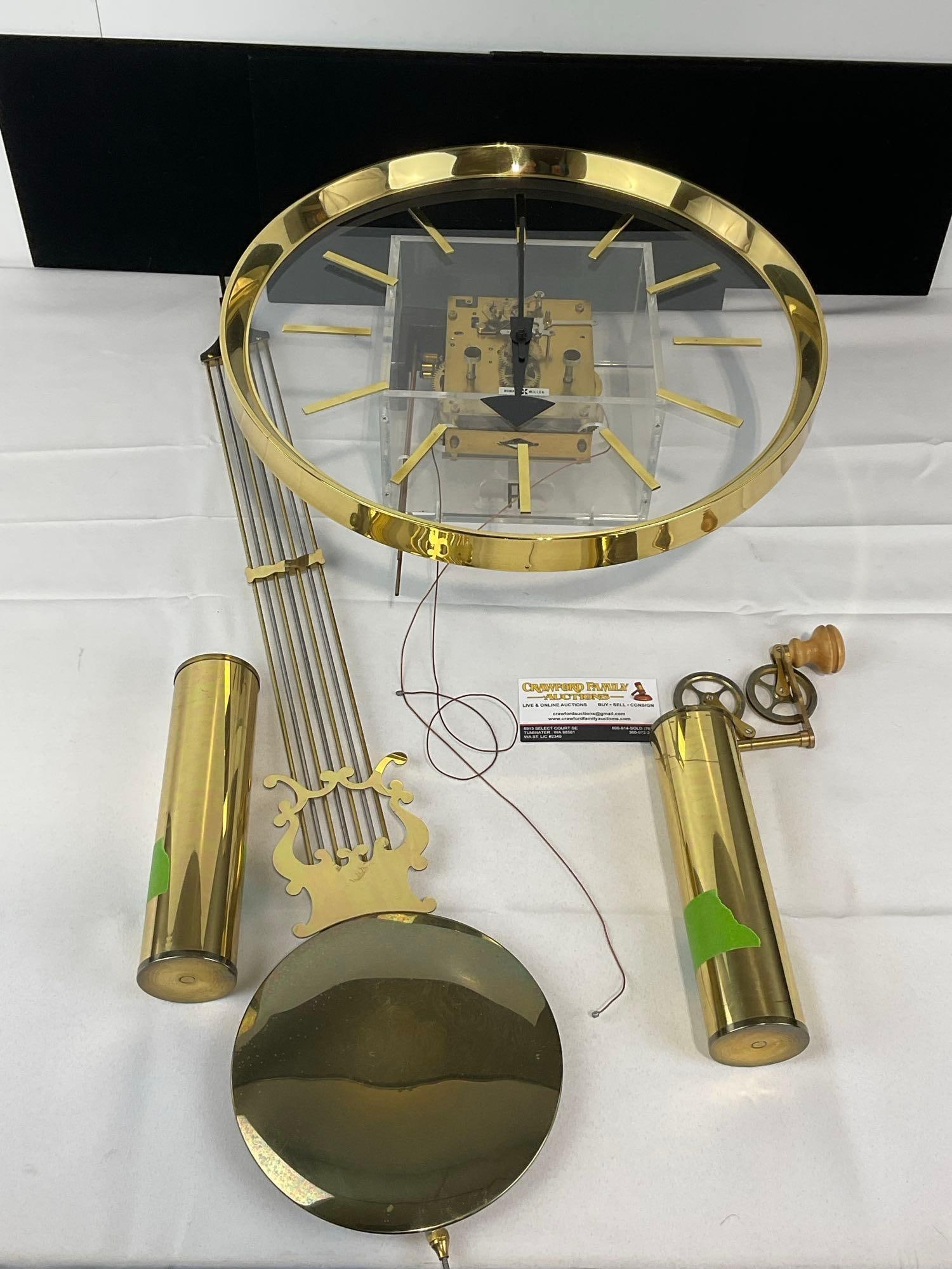 Vintage 1970s George Nelson for Howard Miller Brass & Lucite Wall Hanging Pendulum Clock w/weights (1 of 8)