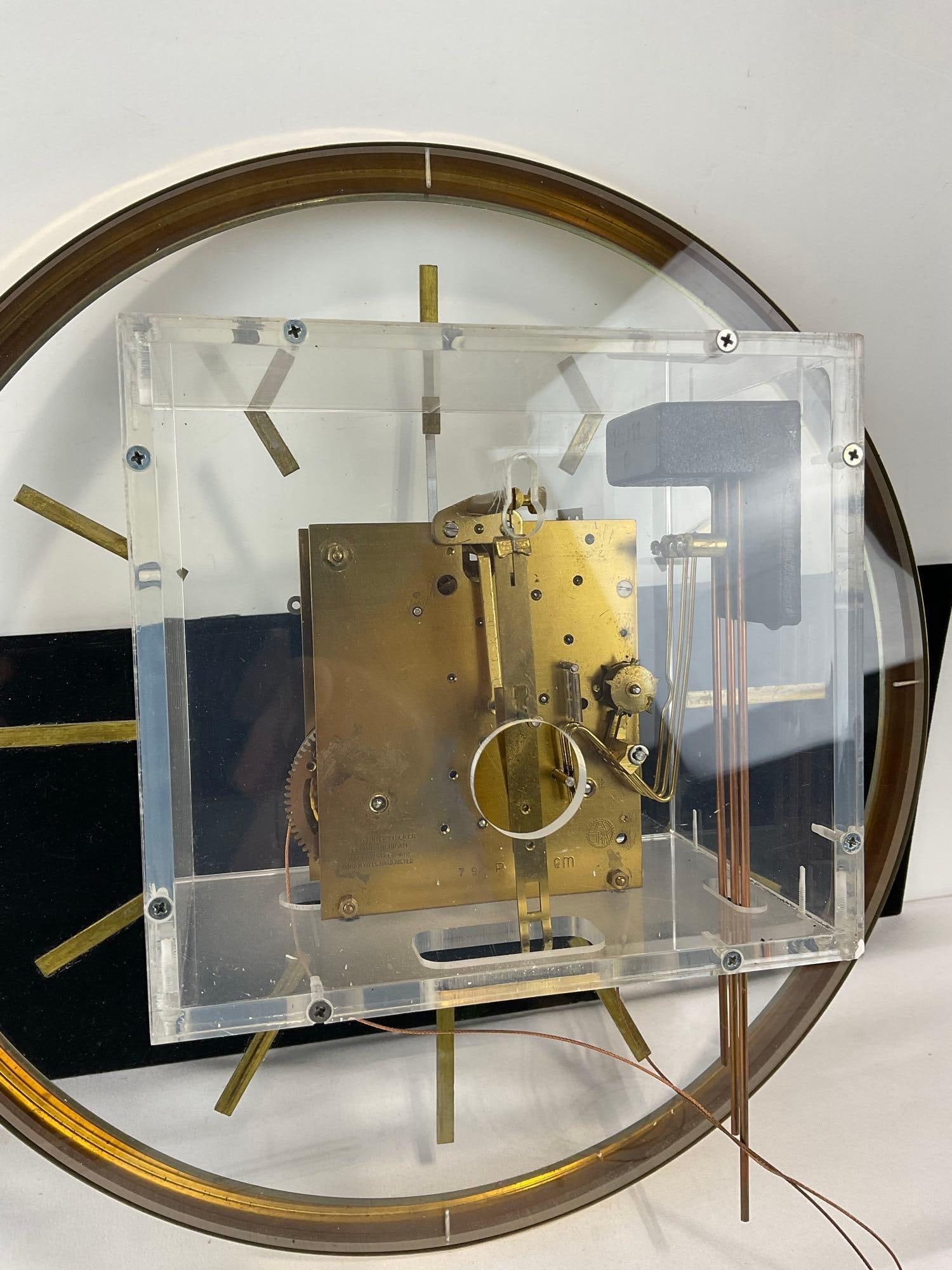 Vintage 1970s George Nelson for Howard Miller Brass & Lucite Wall Hanging Pendulum Clock w/weights - 6