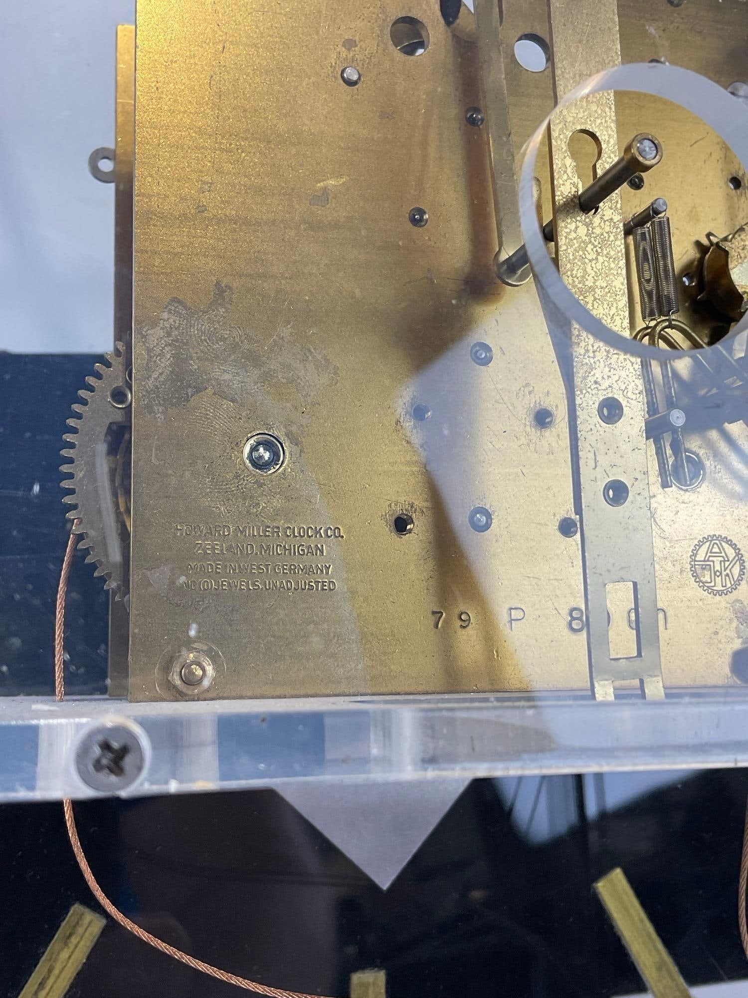 Vintage 1970s George Nelson for Howard Miller Brass & Lucite Wall Hanging Pendulum Clock w/weights - 7