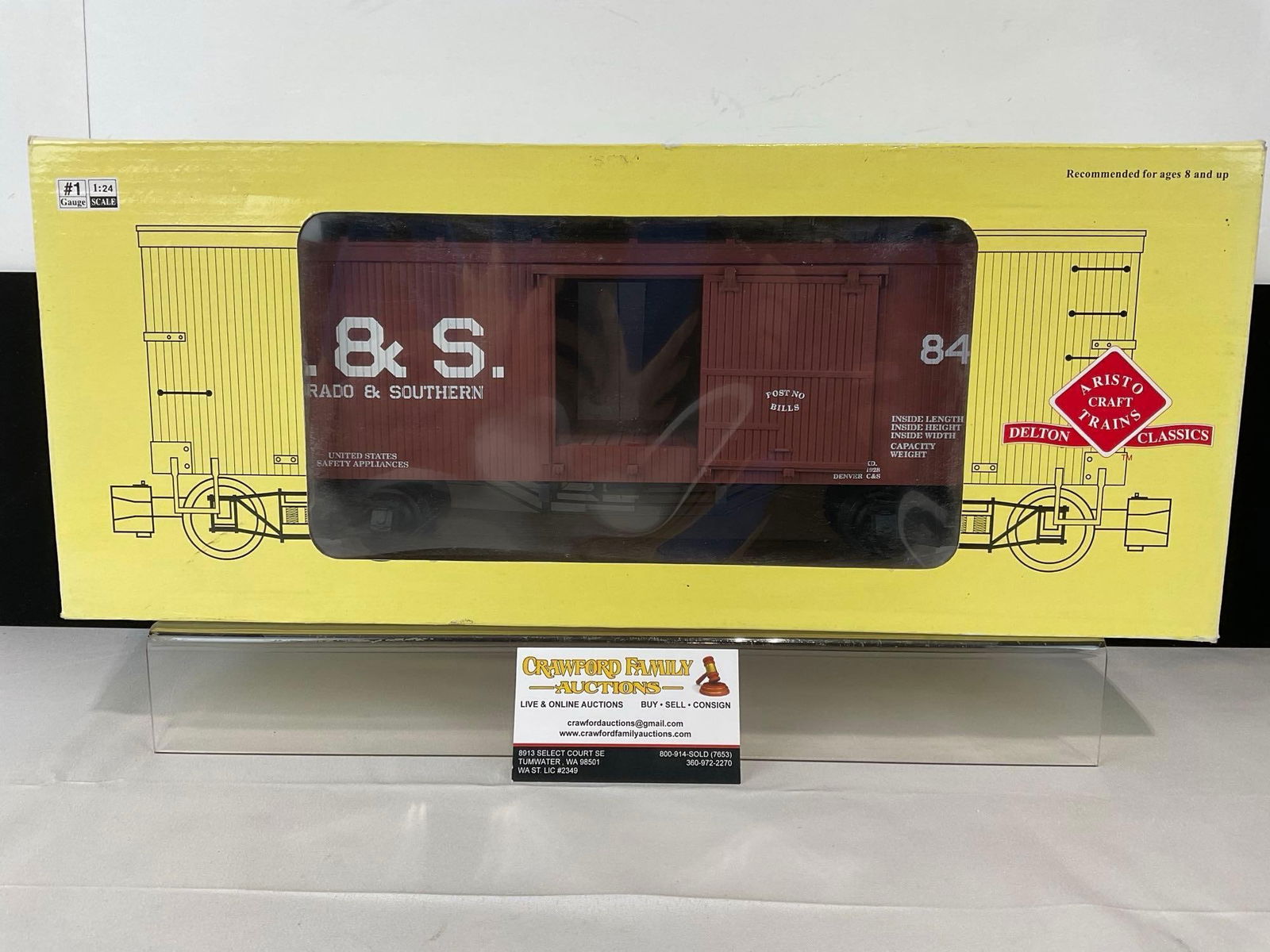 Aristo Craft Train G Scale Model Train, Wood Box Car ART-86002 Colorado & Southern #8402 in box: Appears to be in fair to good shape. The piece measures approx 10h x 21w x 8d inches. See pics. E-5560