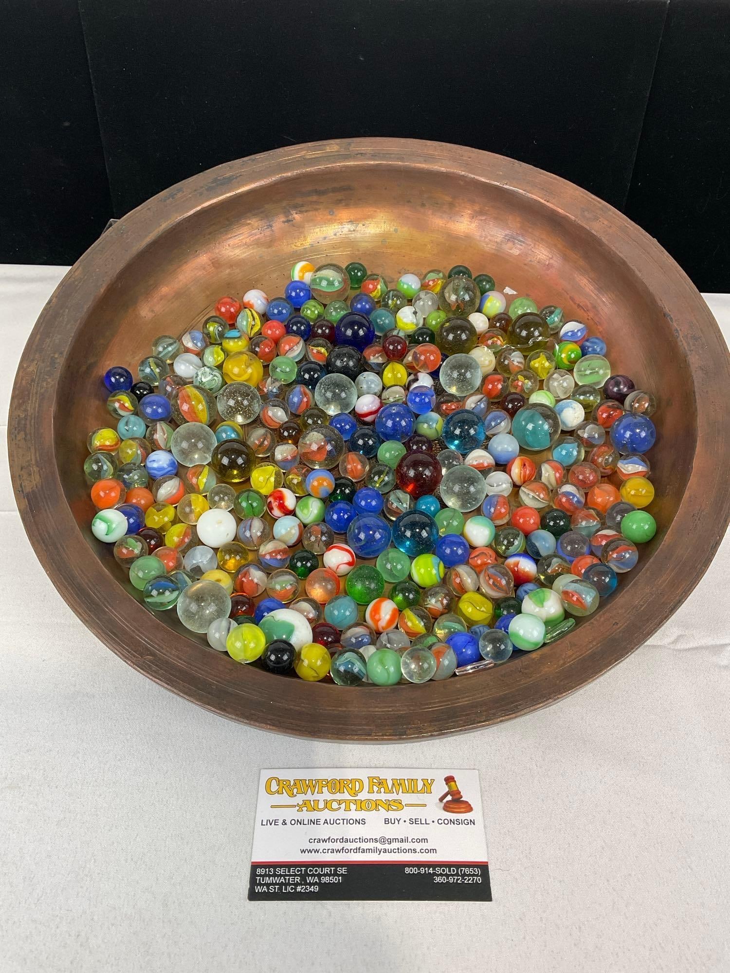 Collection of 1950s and older Marbles, many styles & colors, Small & Large: Similar pieces in lots #36-42. Copper pan not included. Appears to be in good shape. The piece measures approx 4h x 8w x 5d inches. See pics. E-5550 