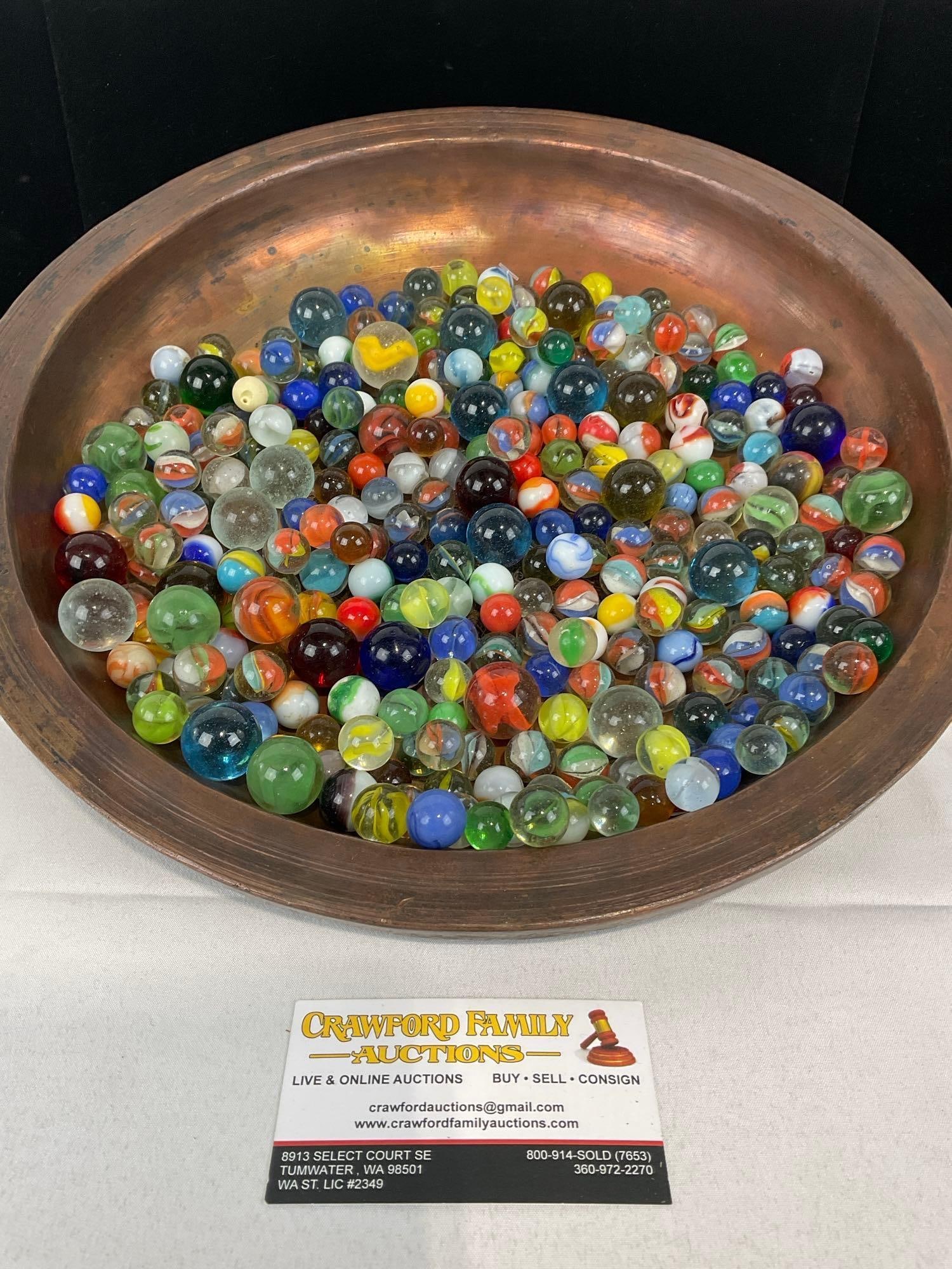 Collection of 1950s and older Marbles, many styles & colors, Small & Large: Similar pieces in lots #36-42. Copper pan not included. Appears to be in good shape. The piece measures approx 4h x 8w x 5d inches. See pics. E-5550 