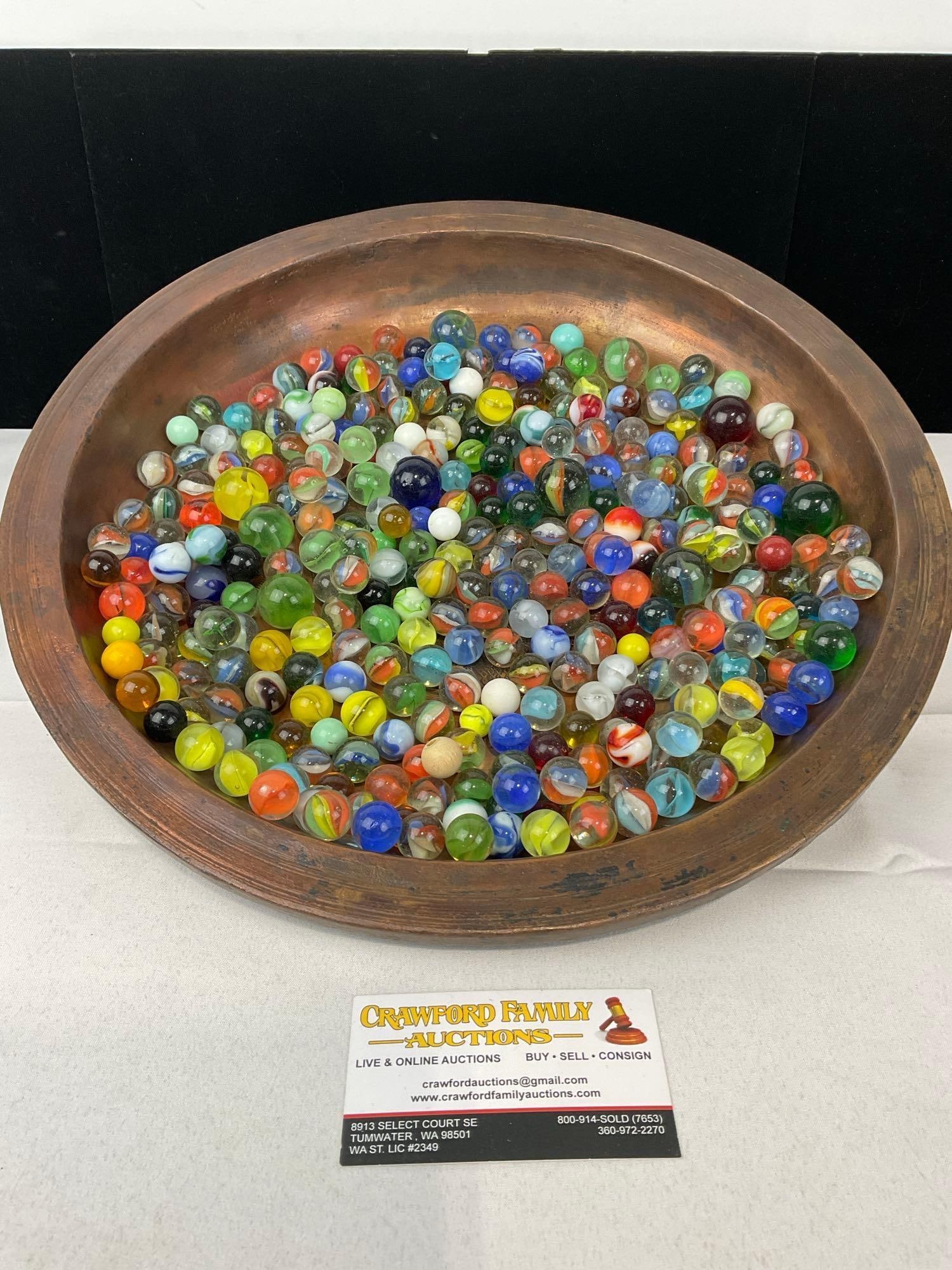 Collection of 1950s and older Marbles, many styles & colors, Small & Large: Similar pieces in lots #36-42. Copper pan not included. Appears to be in good shape. The piece measures approx 4h x 8w x 5d inches. See pics. E-5550 