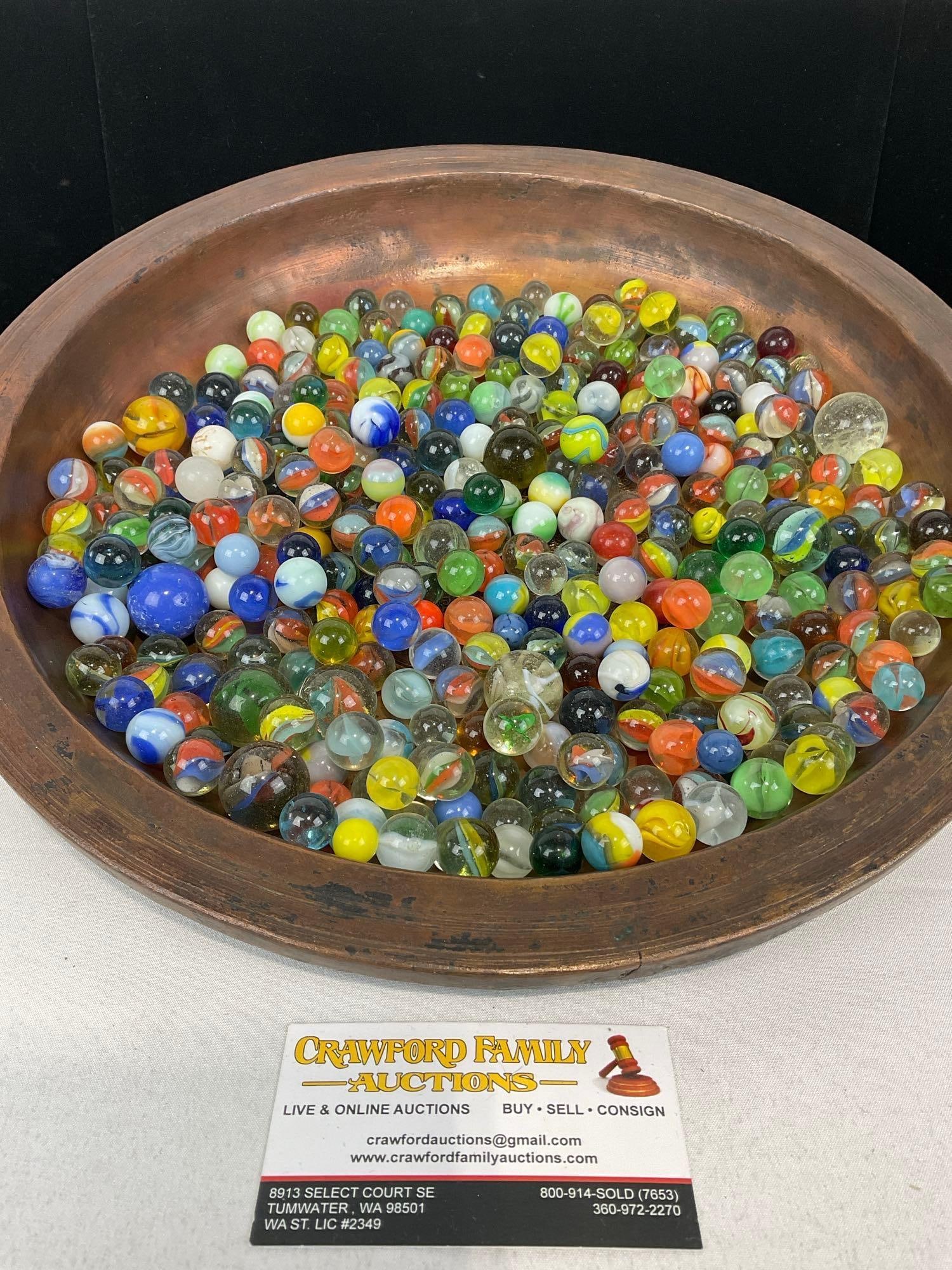 Collection of 1950s and older Marbles, many styles & colors, Small & Large: Similar pieces in lots #36-42. Copper pan not included. Appears to be in good shape. The piece measures approx 4h x 8w x 5d inches. See pics. E-5550 