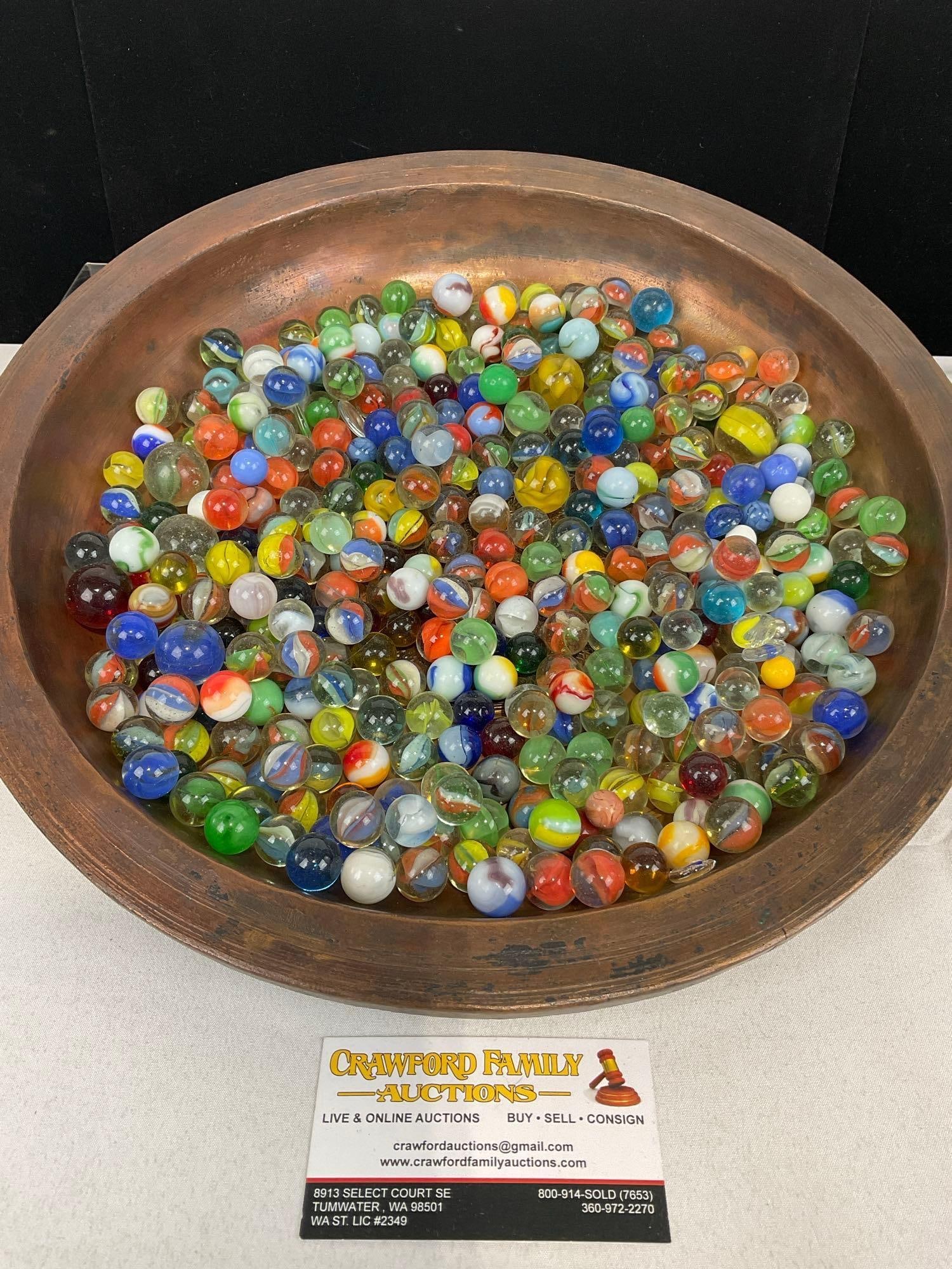 Collection of 1950s and older Marbles, many styles & colors, Small & Large: Similar pieces in lots #36-42. Copper pan not included. Appears to be in good shape. The piece measures approx 4h x 8w x 5d inches. See pics. E-5550 