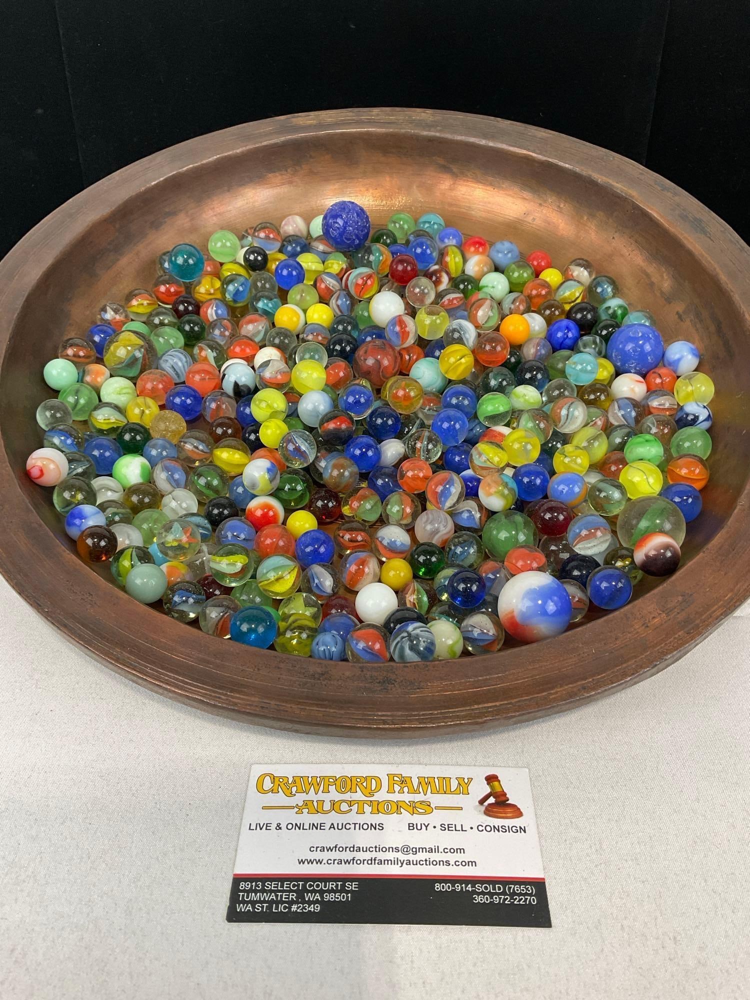 Collection of 1950s and older Marbles, many styles & colors, Small & Large: Similar pieces in lots #36-42. Copper pan not included. Appears to be in good shape. The piece measures approx 4h x 8w x 5d inches. See pics. E-5550 