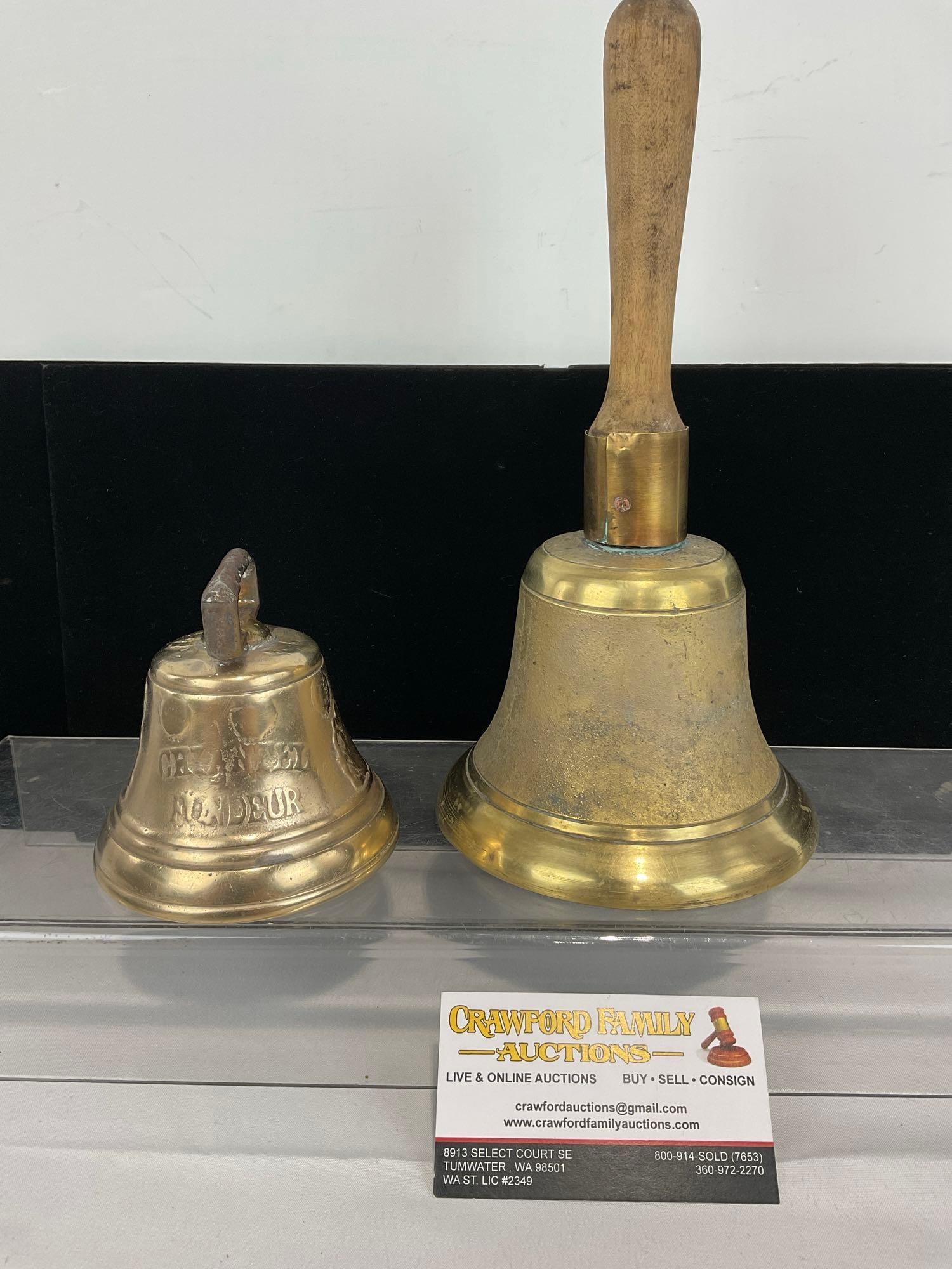 Pair of Cast Brass Bells, 1878 Saignelegier Swiss & A.R.P, 11h x 8w x 5d inches: Appears to be in good shape. The piece measures approx 11h x 8w x 5d inches. See pics. E-5550 