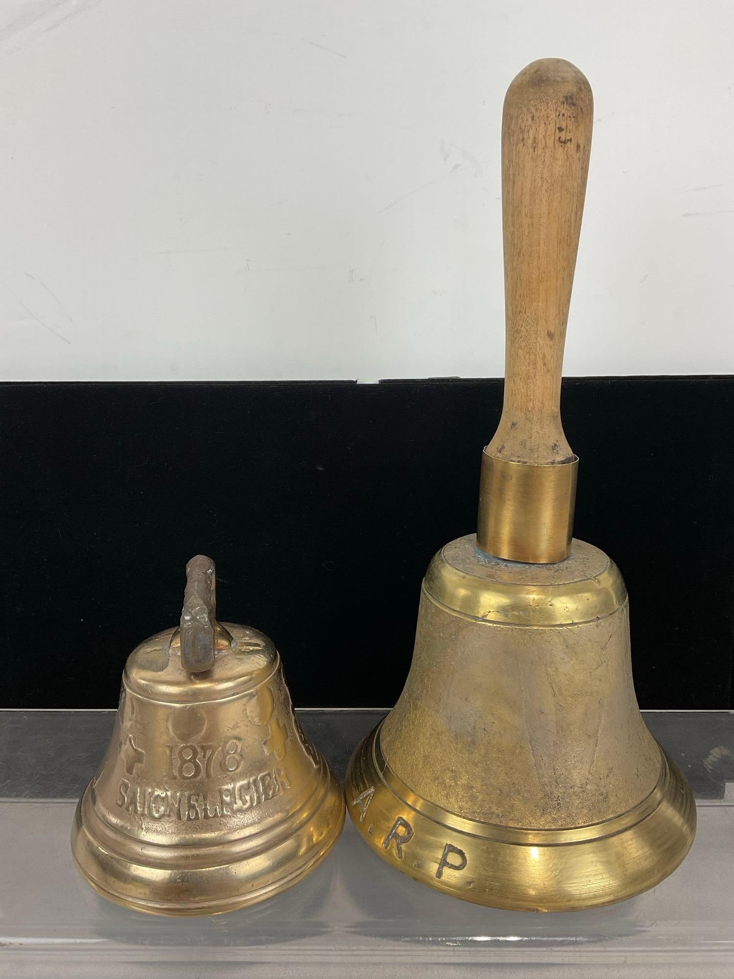 Pair of Cast Brass Bells, 1878 Saignelegier Swiss & A.R.P, 11h x 8w x 5d inches - 2