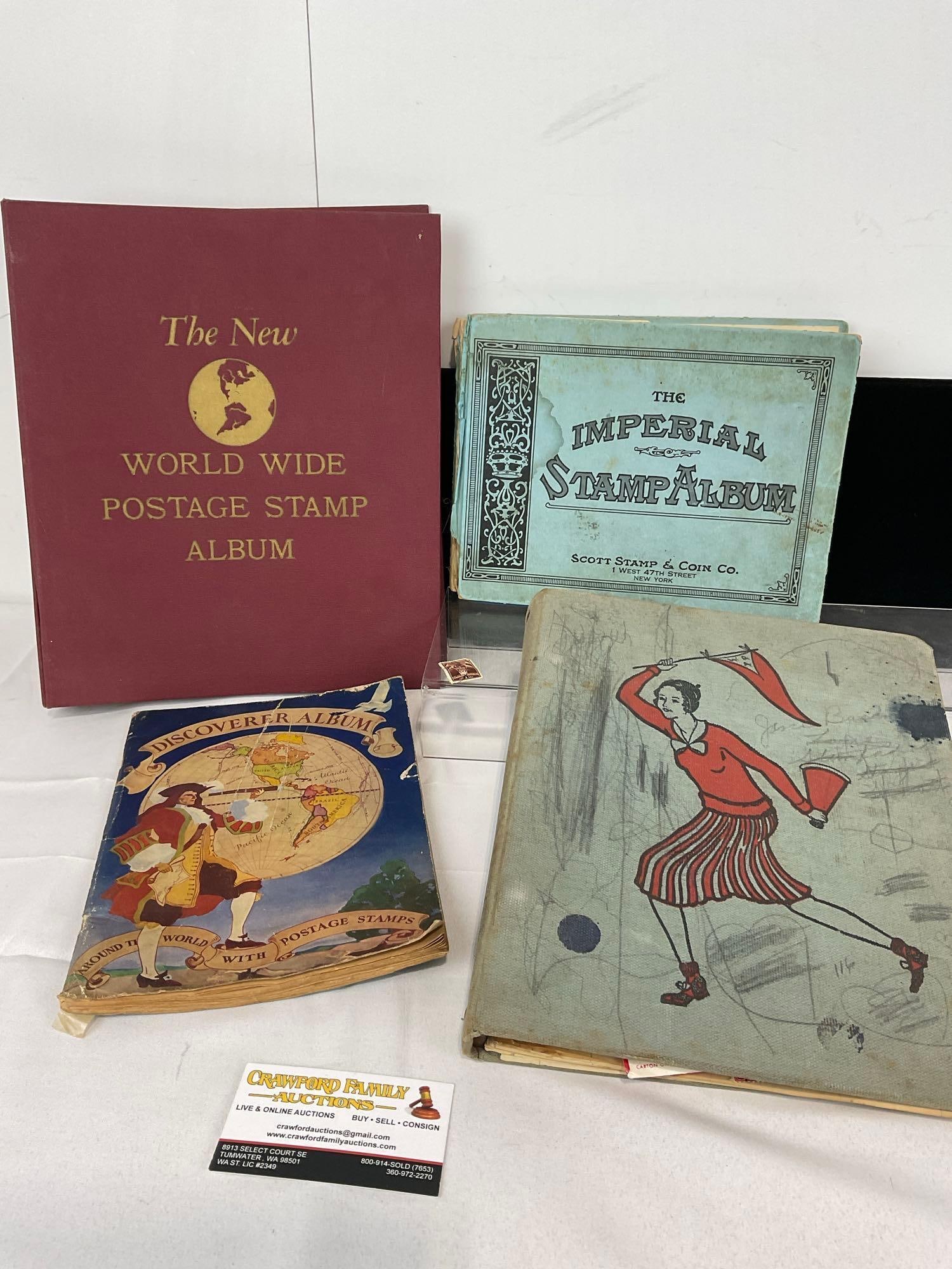 4 Antique/Vintage Stamp Albums, Good Selection included: Shows some signs of age. The pictures are just a sample of what is included. some pages are empty, the World Wide piece is largely empty, some old US Stamps though. Appears to be in fair to